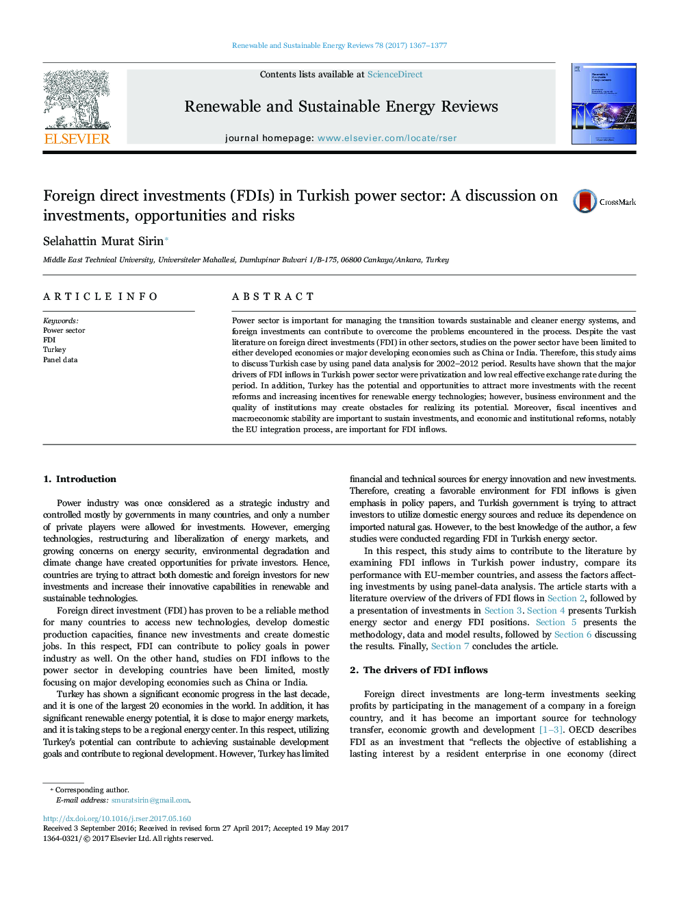 Foreign direct investments (FDIs) in Turkish power sector: A discussion on investments, opportunities and risks