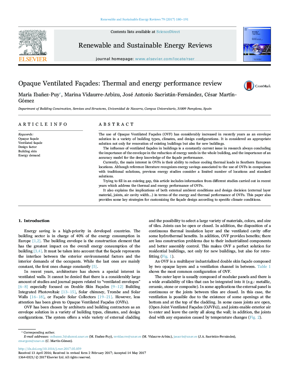 Opaque Ventilated Façades: Thermal and energy performance review