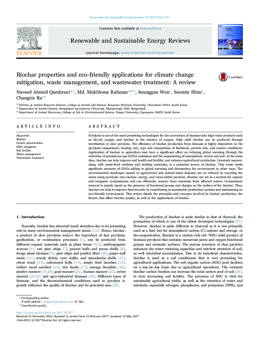 Biochar properties and eco-friendly applications for climate change mitigation, waste management, and wastewater treatment: A review