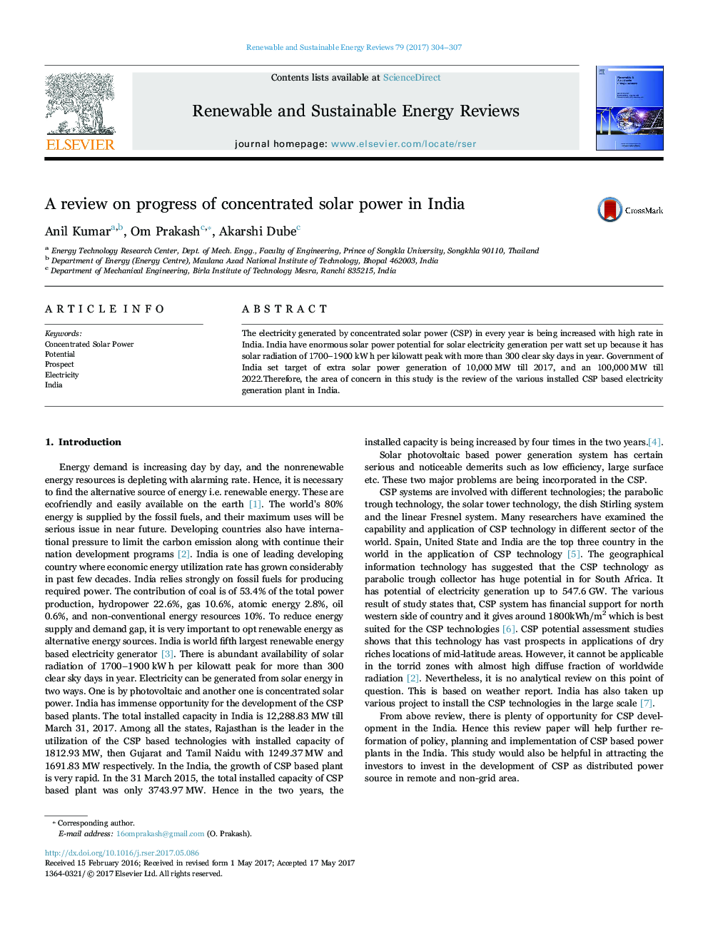 A review on progress of concentrated solar power in India