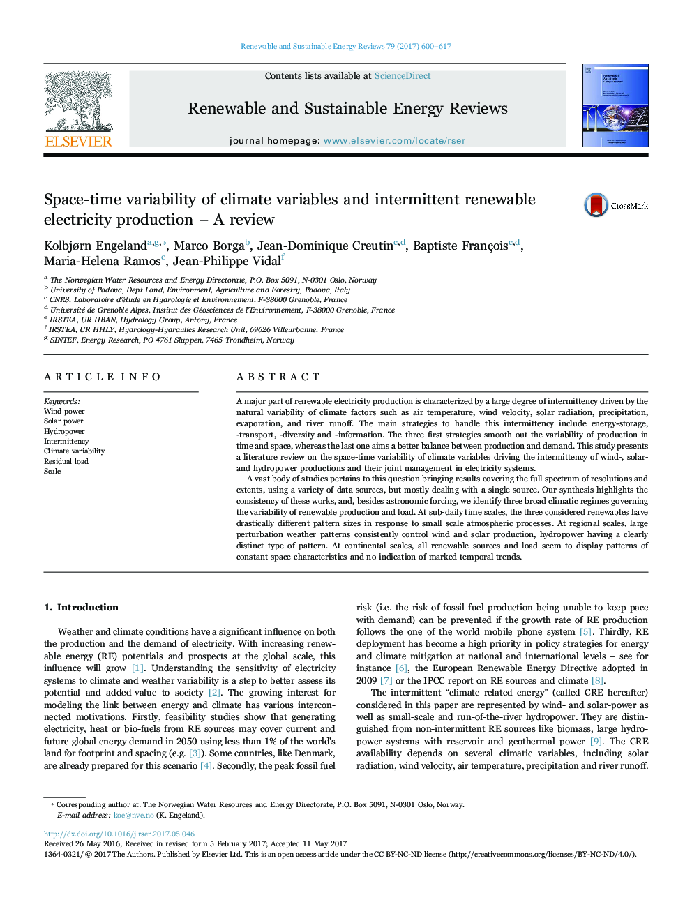 Space-time variability of climate variables and intermittent renewable electricity production - A review