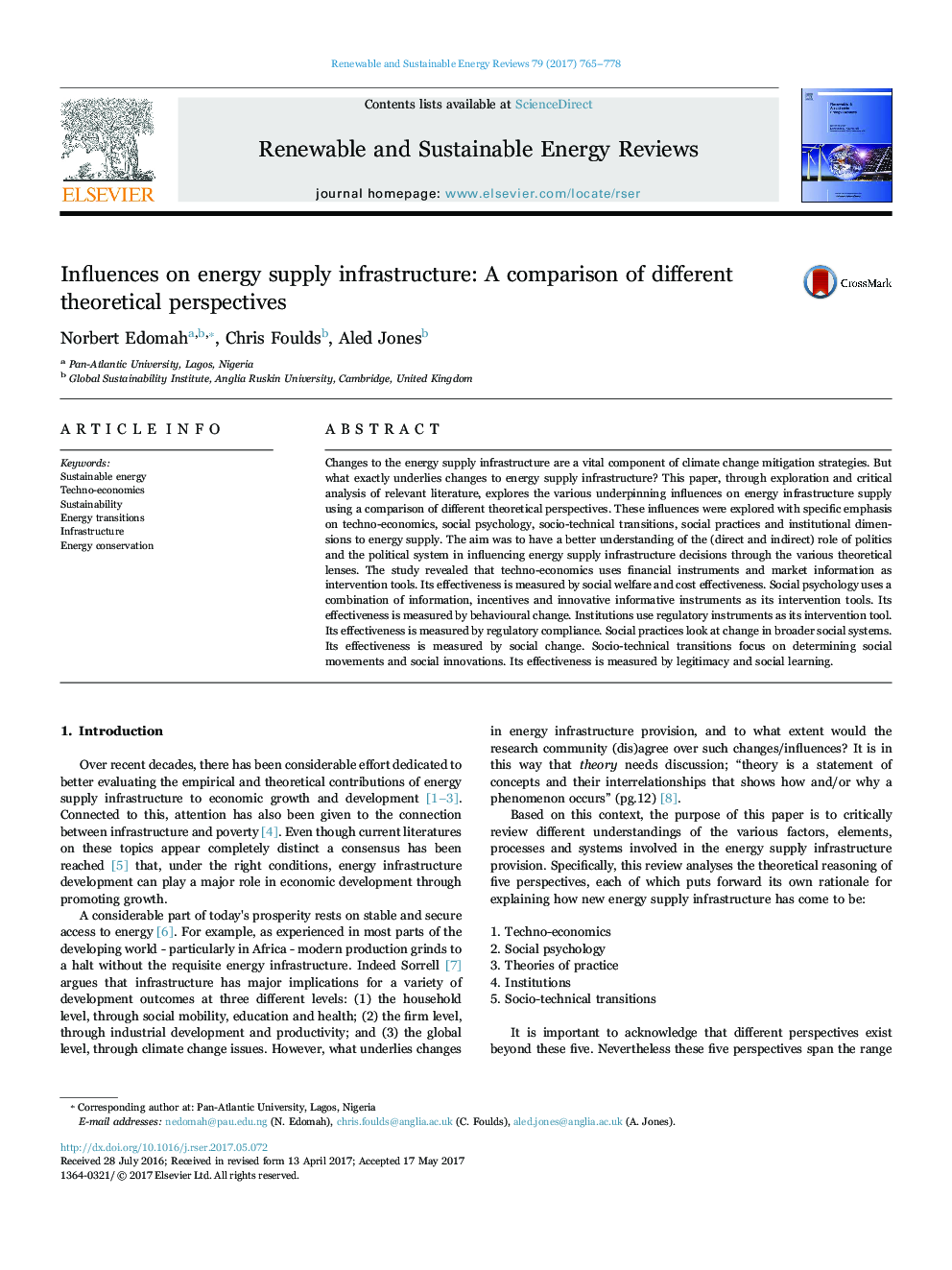 Influences on energy supply infrastructure: A comparison of different theoretical perspectives