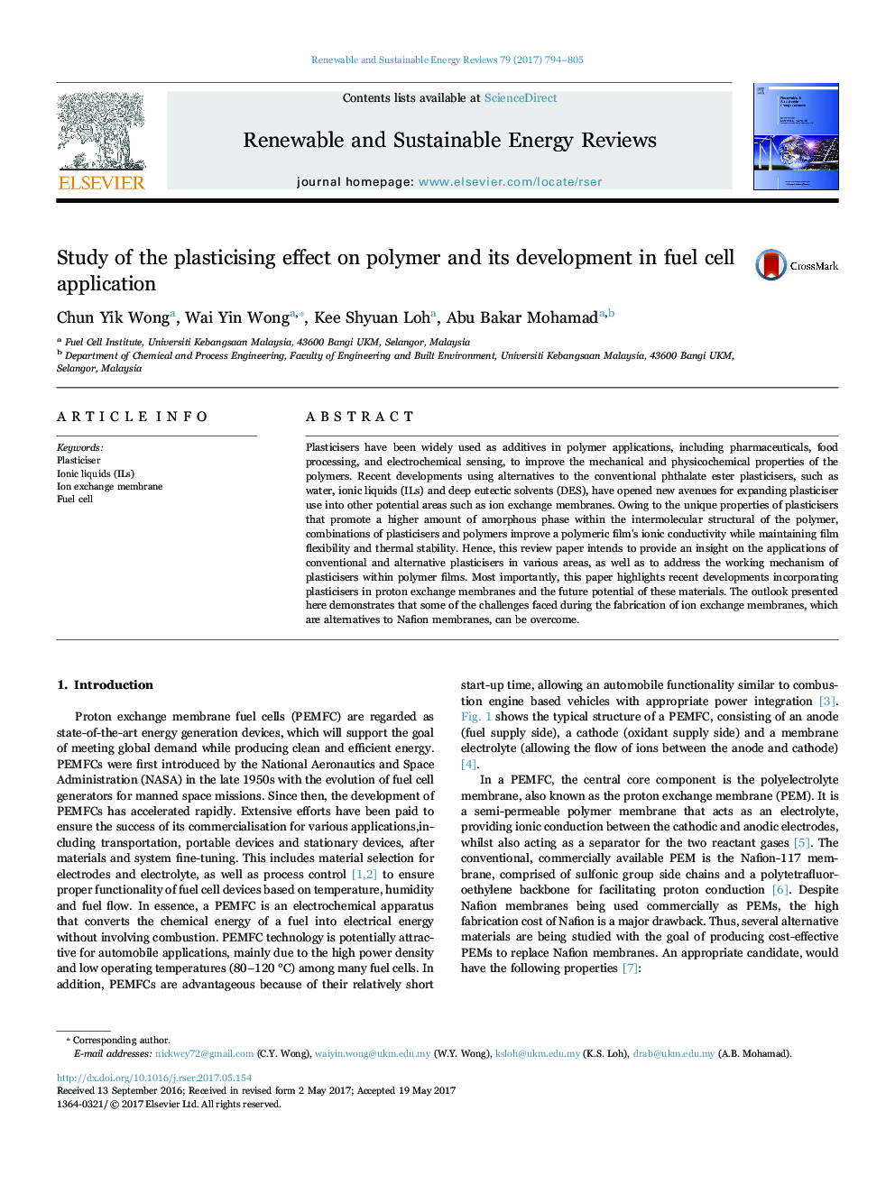 Study of the plasticising effect on polymer and its development in fuel cell application