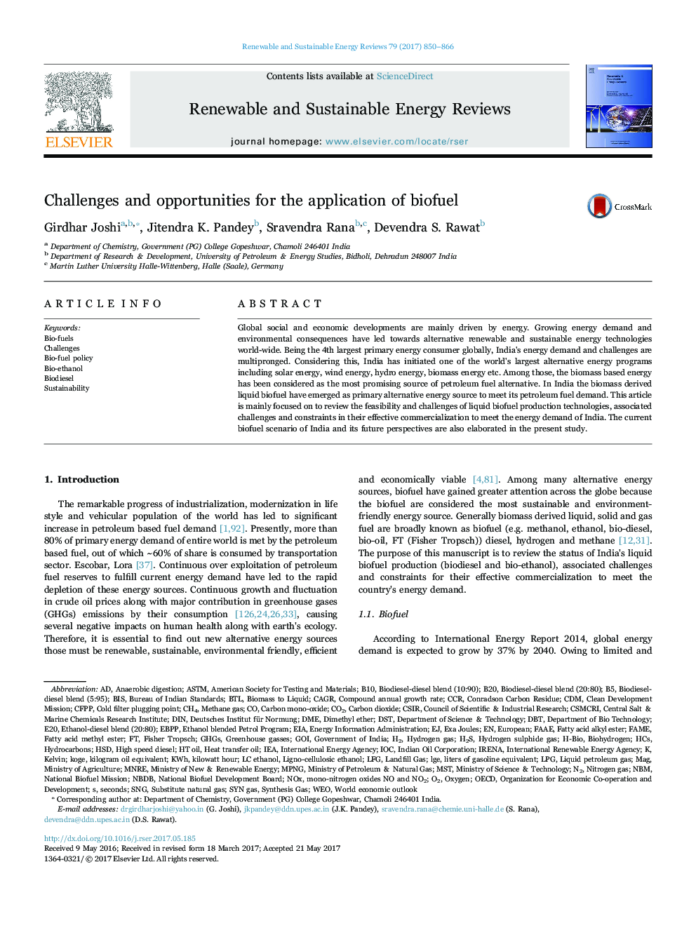 Challenges and opportunities for the application of biofuel