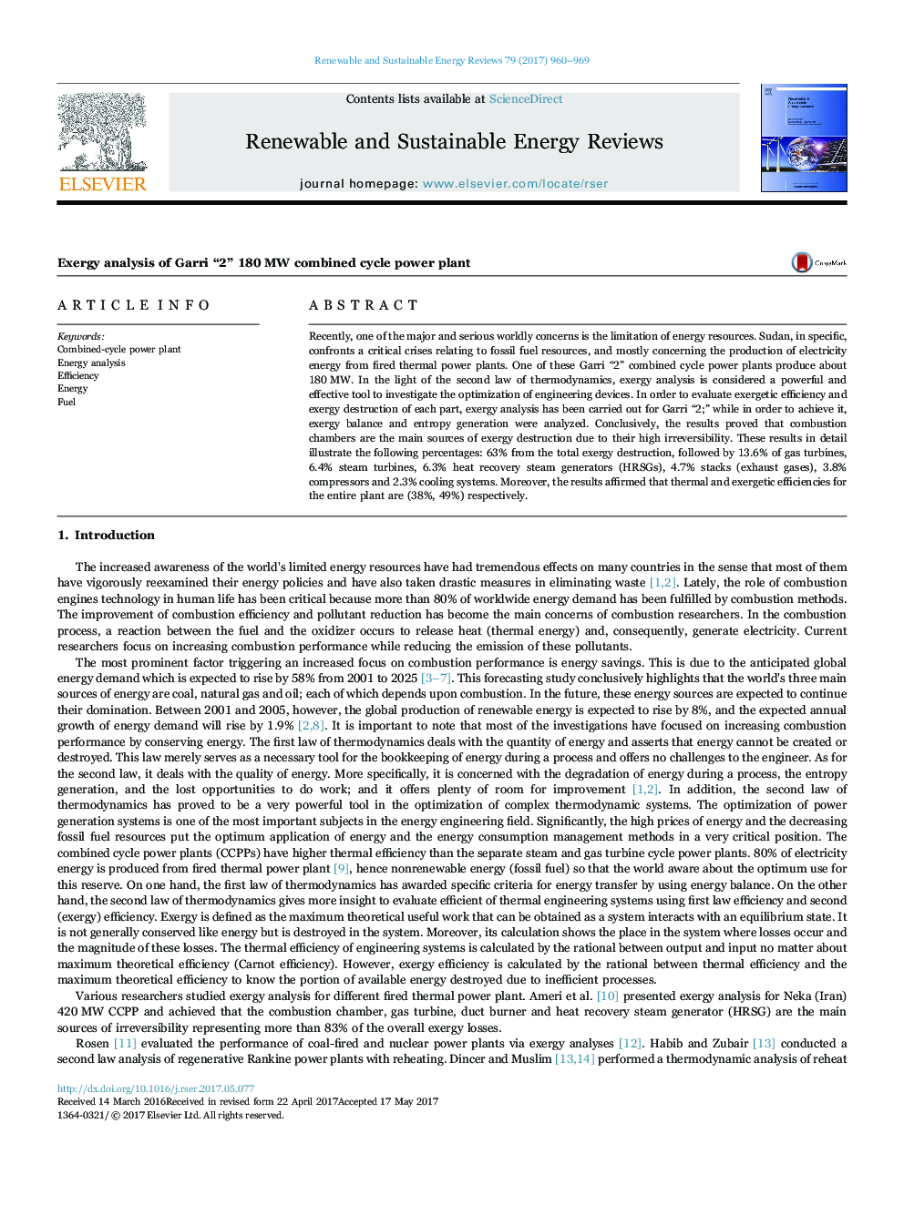 Exergy analysis of Garri “2” 180Â MW combined cycle power plant