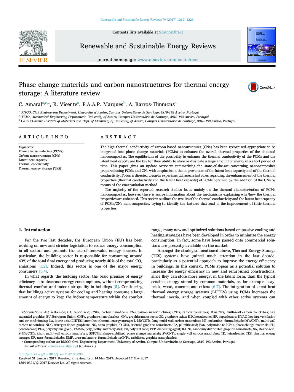 Phase change materials and carbon nanostructures for thermal energy storage: A literature review