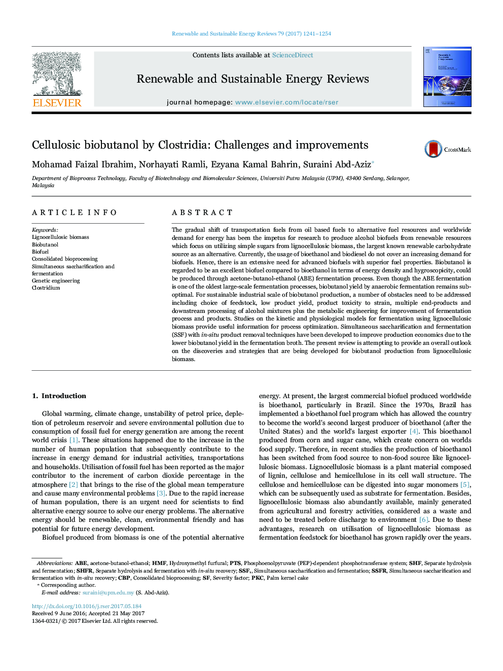 Cellulosic biobutanol by Clostridia: Challenges and improvements