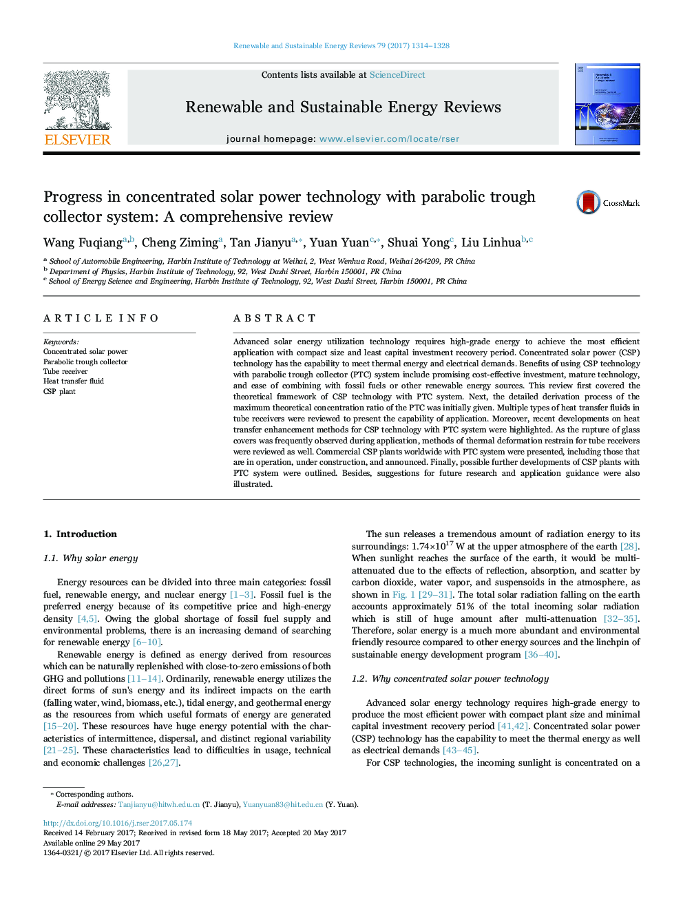 Progress in concentrated solar power technology with parabolic trough collector system: A comprehensive review