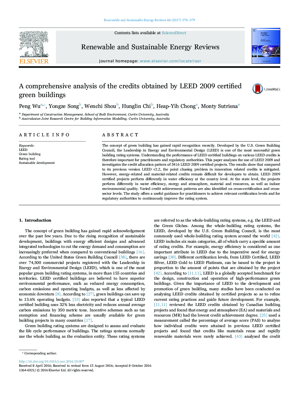 A comprehensive analysis of the credits obtained by LEED 2009 certified green buildings