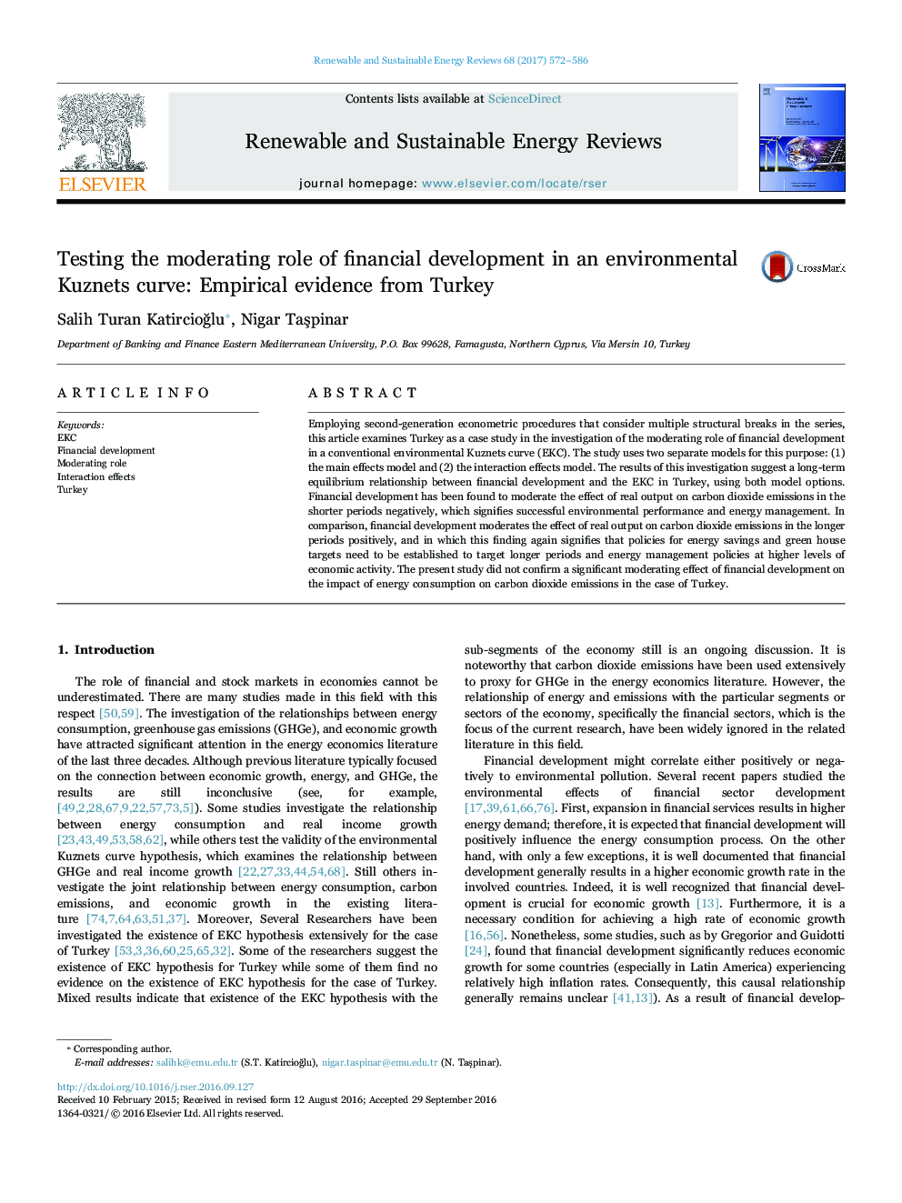 Testing the moderating role of financial development in an environmental Kuznets curve: Empirical evidence from Turkey