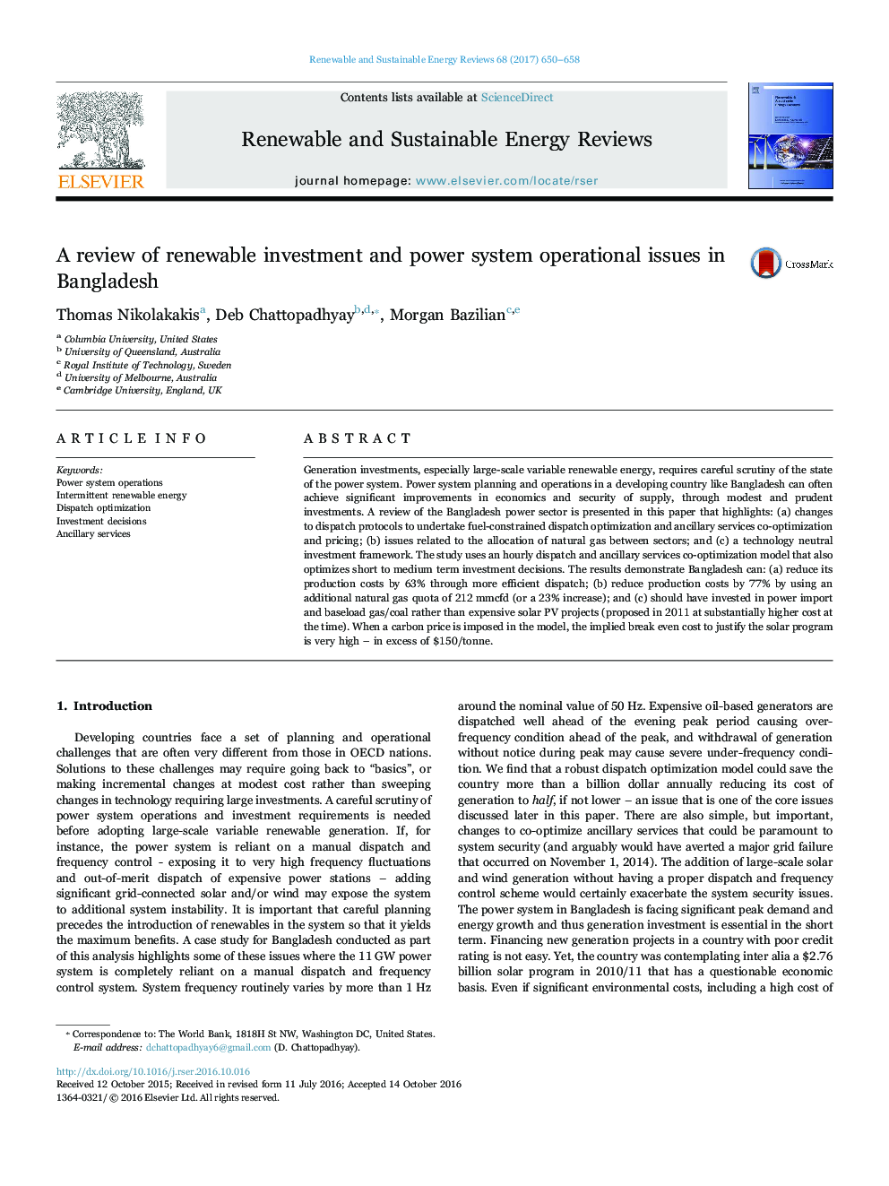 بررسی سرمایه گذاری های تجدید پذیر و مسائل عملیاتی سیستم برق در بنگلادش 