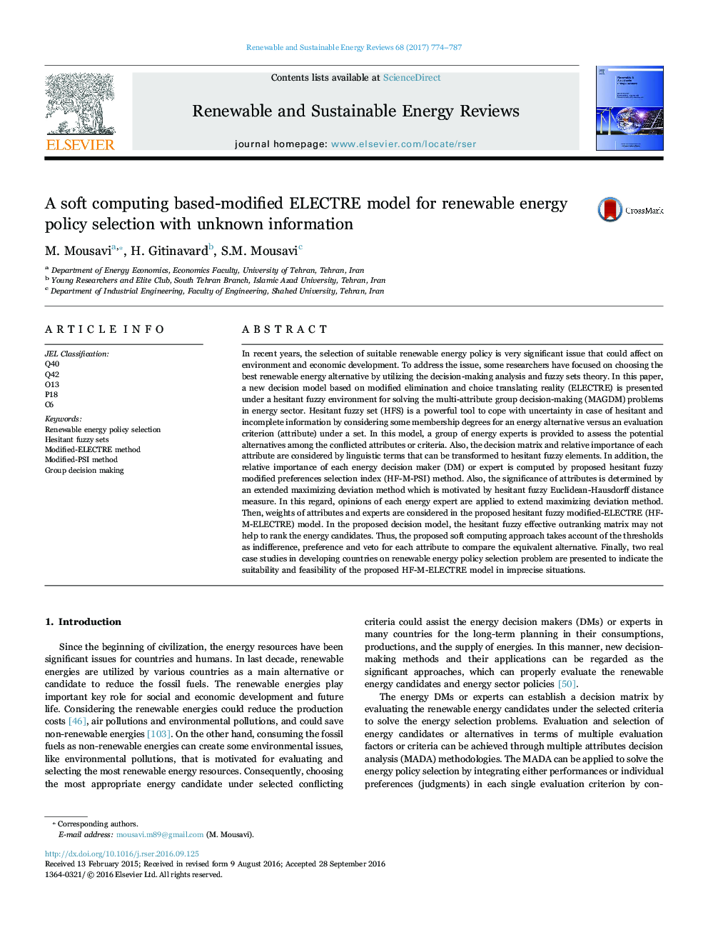 AÂ soft computing based-modified ELECTRE model for renewable energy policy selection with unknown information