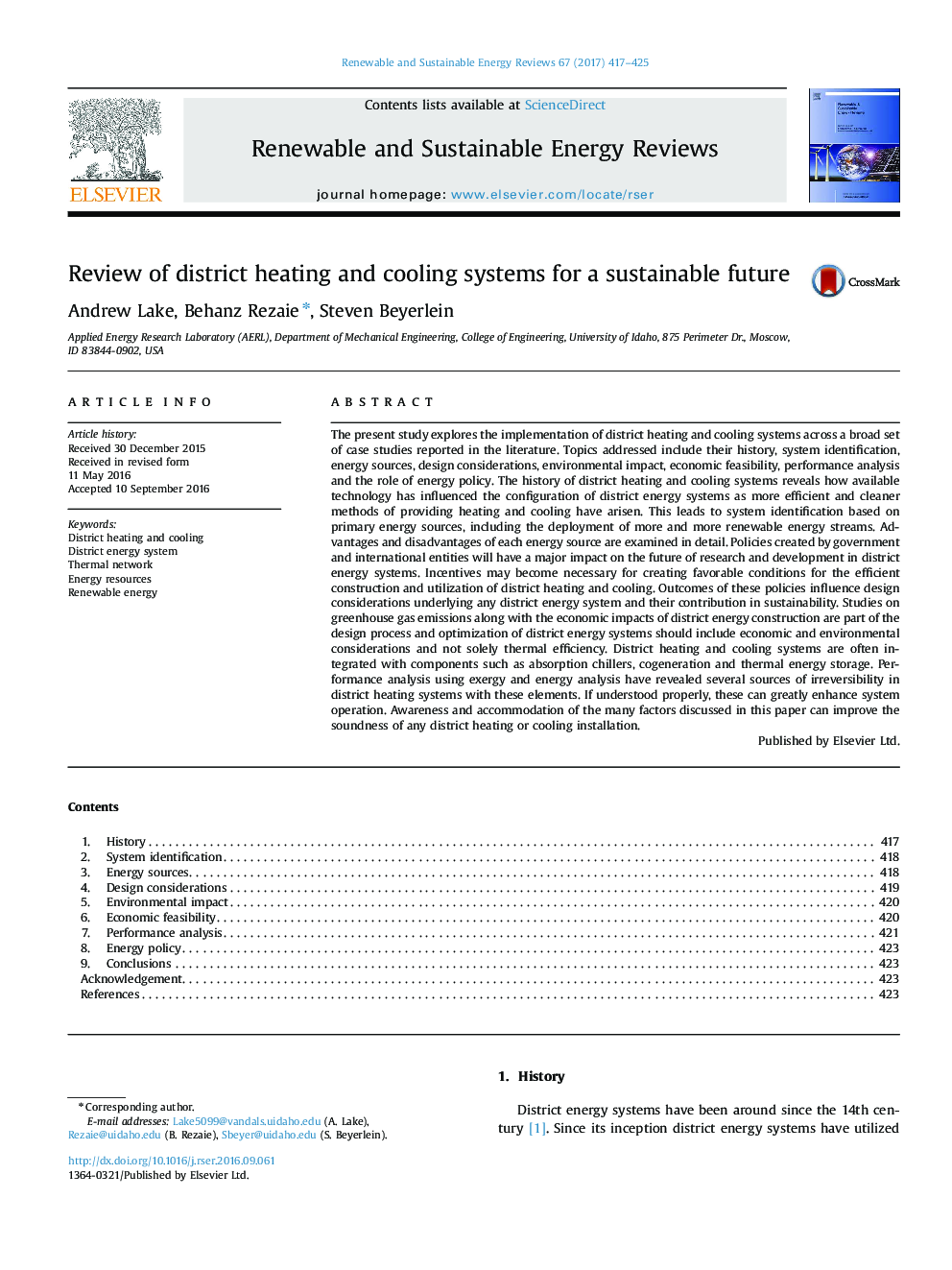 Review of district heating and cooling systems for a sustainable future