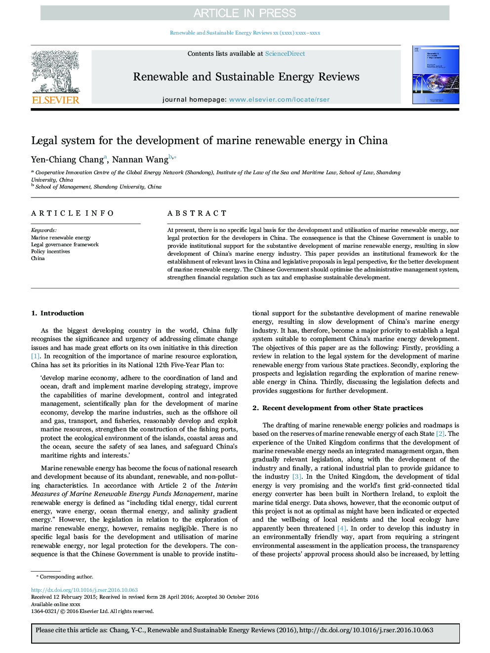 Legal system for the development of marine renewable energy in China