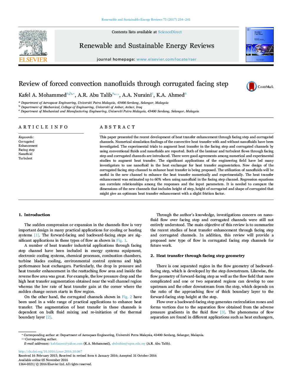 Review of forced convection nanofluids through corrugated facing step