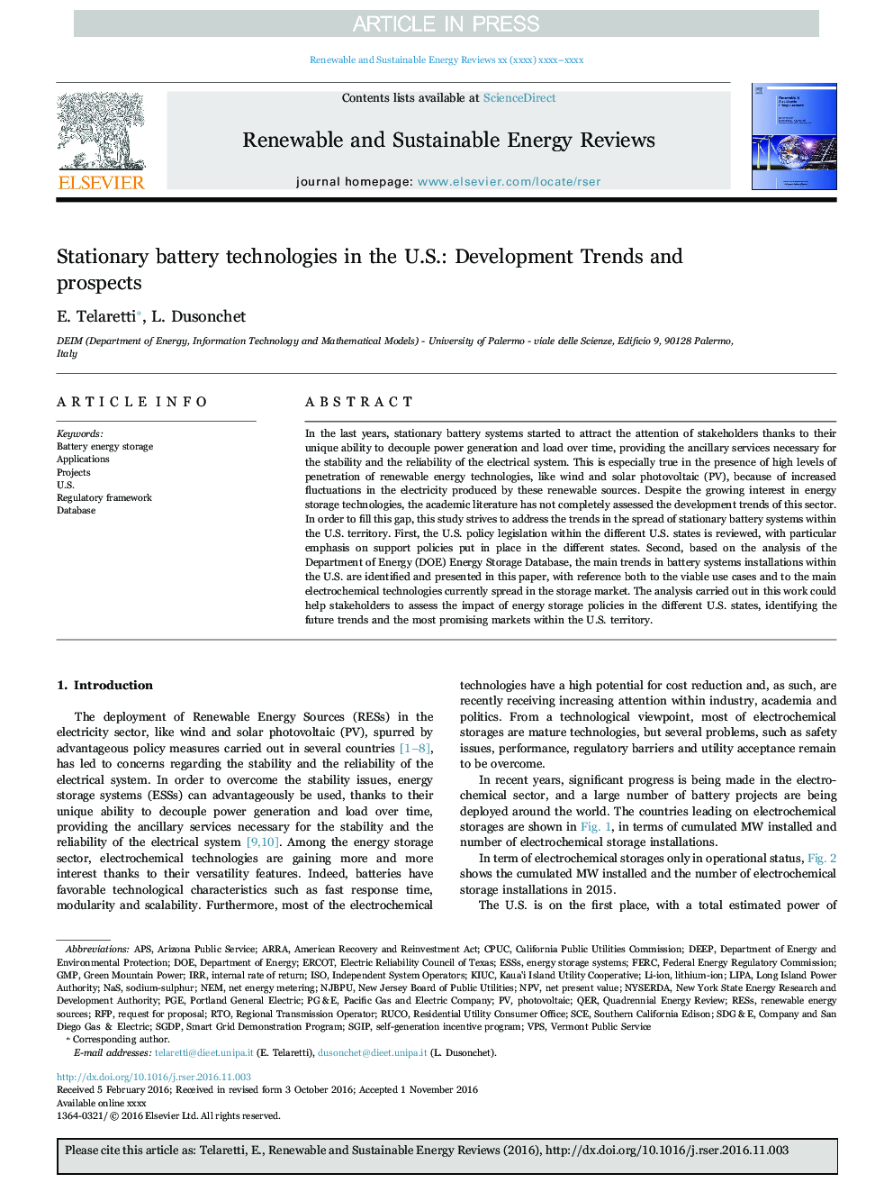 Stationary battery technologies in the U.S.: Development Trends and prospects