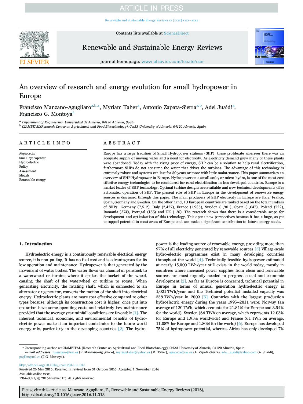 An overview of research and energy evolution for small hydropower in Europe