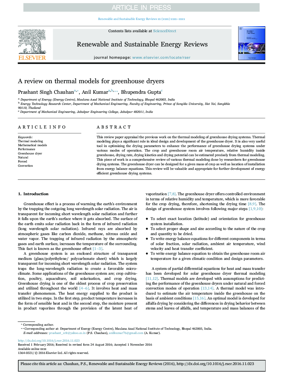 A review on thermal models for greenhouse dryers