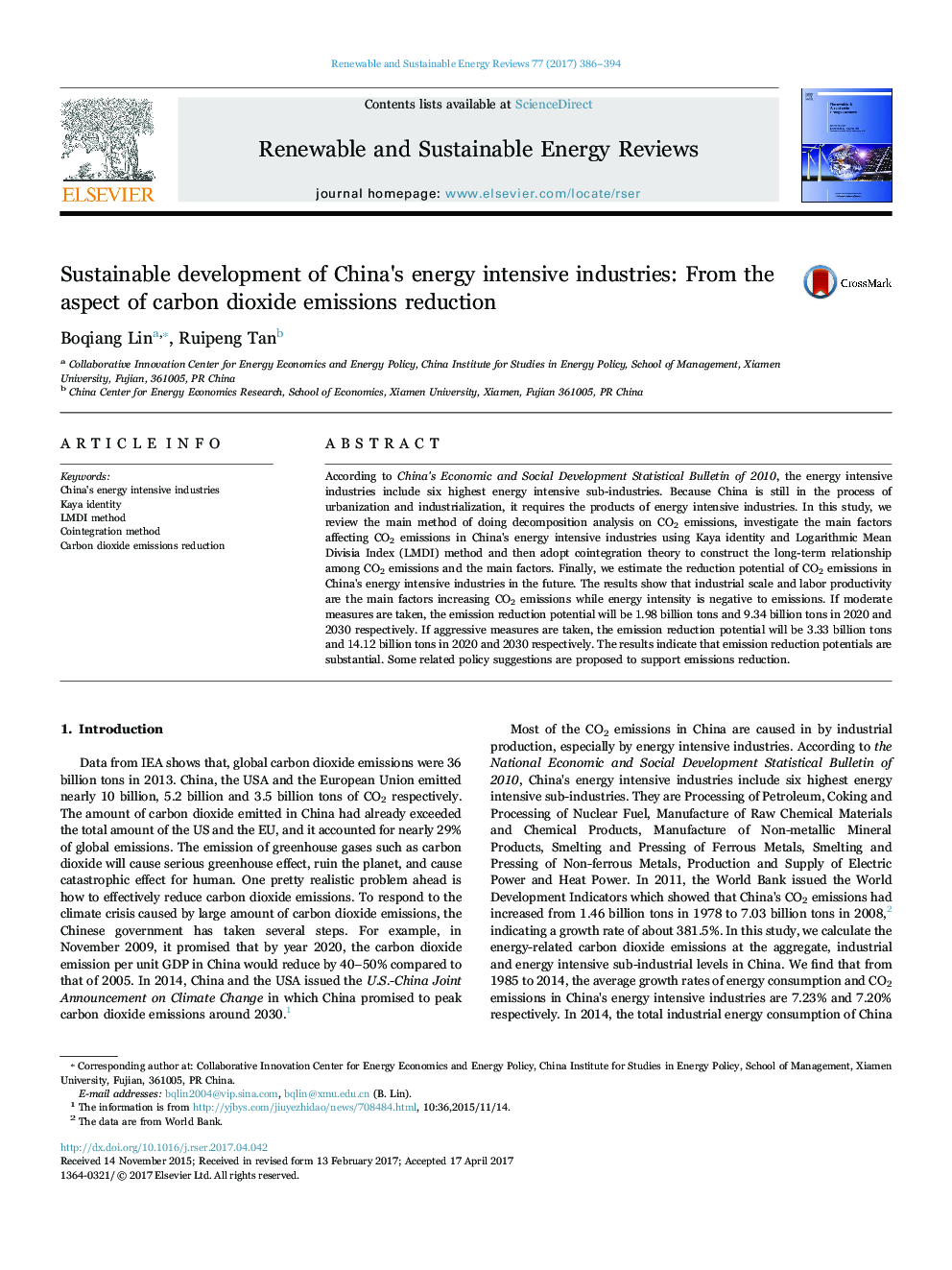 Sustainable development of China's energy intensive industries: From the aspect of carbon dioxide emissions reduction