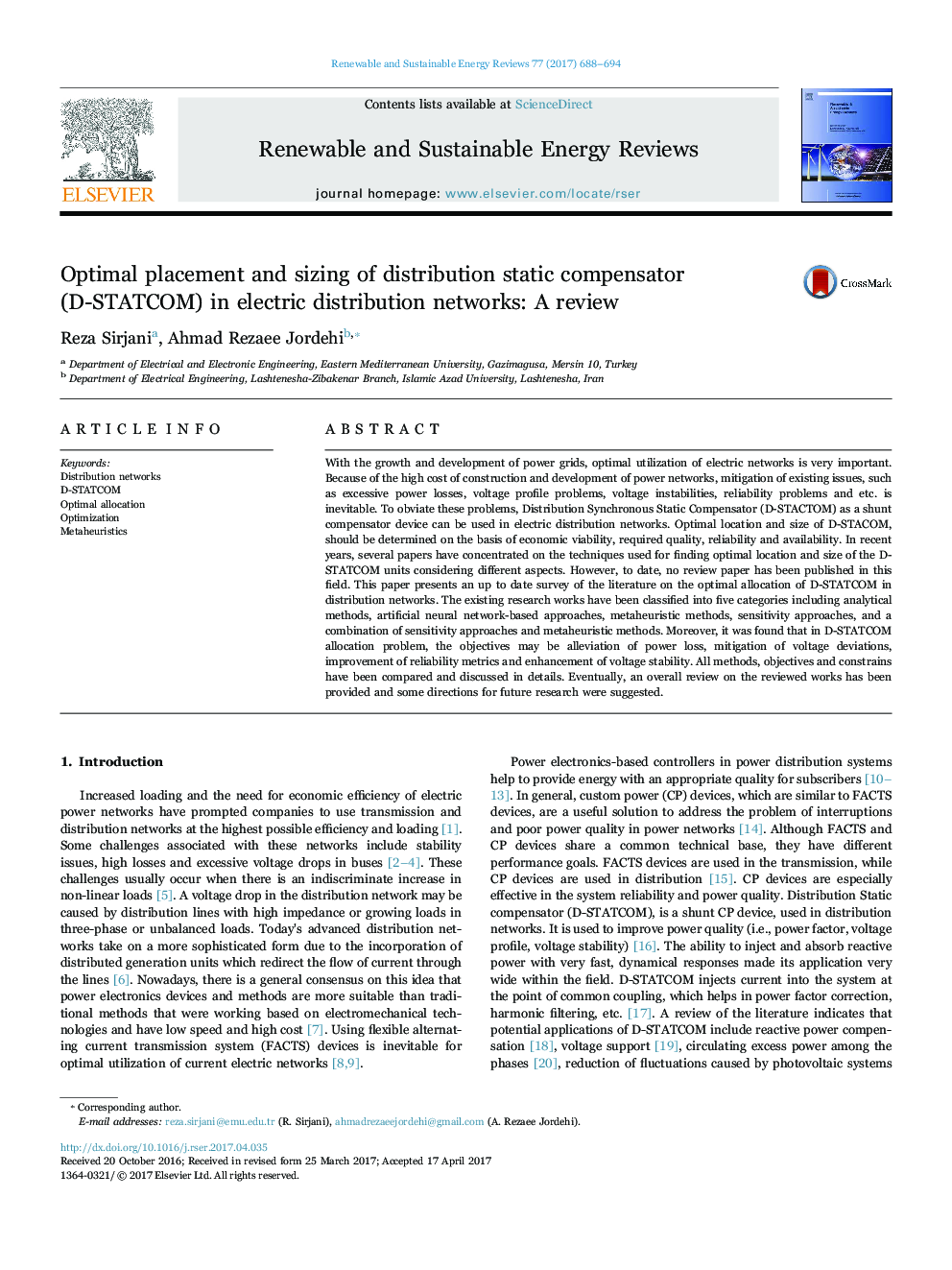 Optimal placement and sizing of distribution static compensator (D-STATCOM) in electric distribution networks: A review