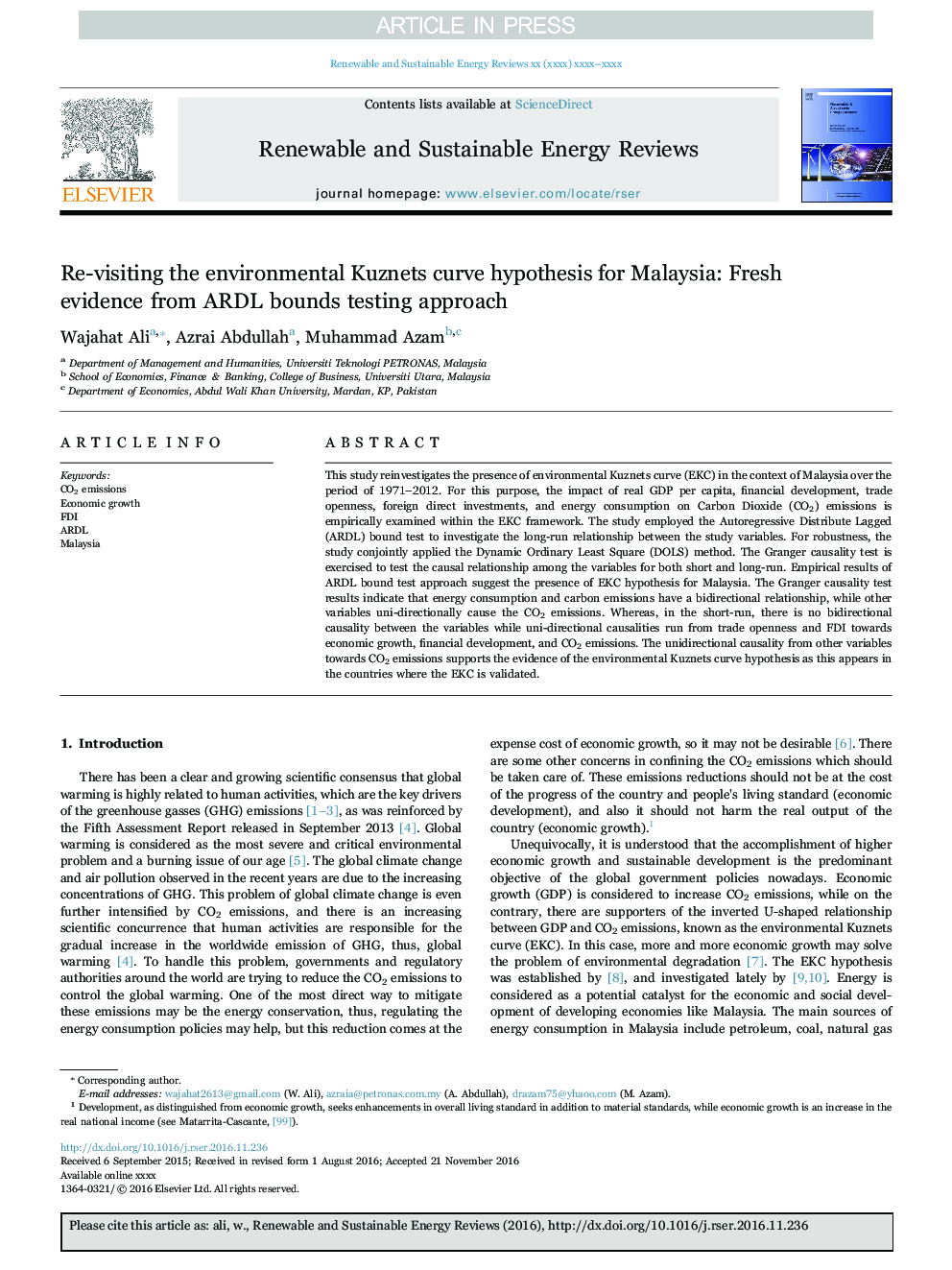 Re-visiting the environmental Kuznets curve hypothesis for Malaysia: Fresh evidence from ARDL bounds testing approach