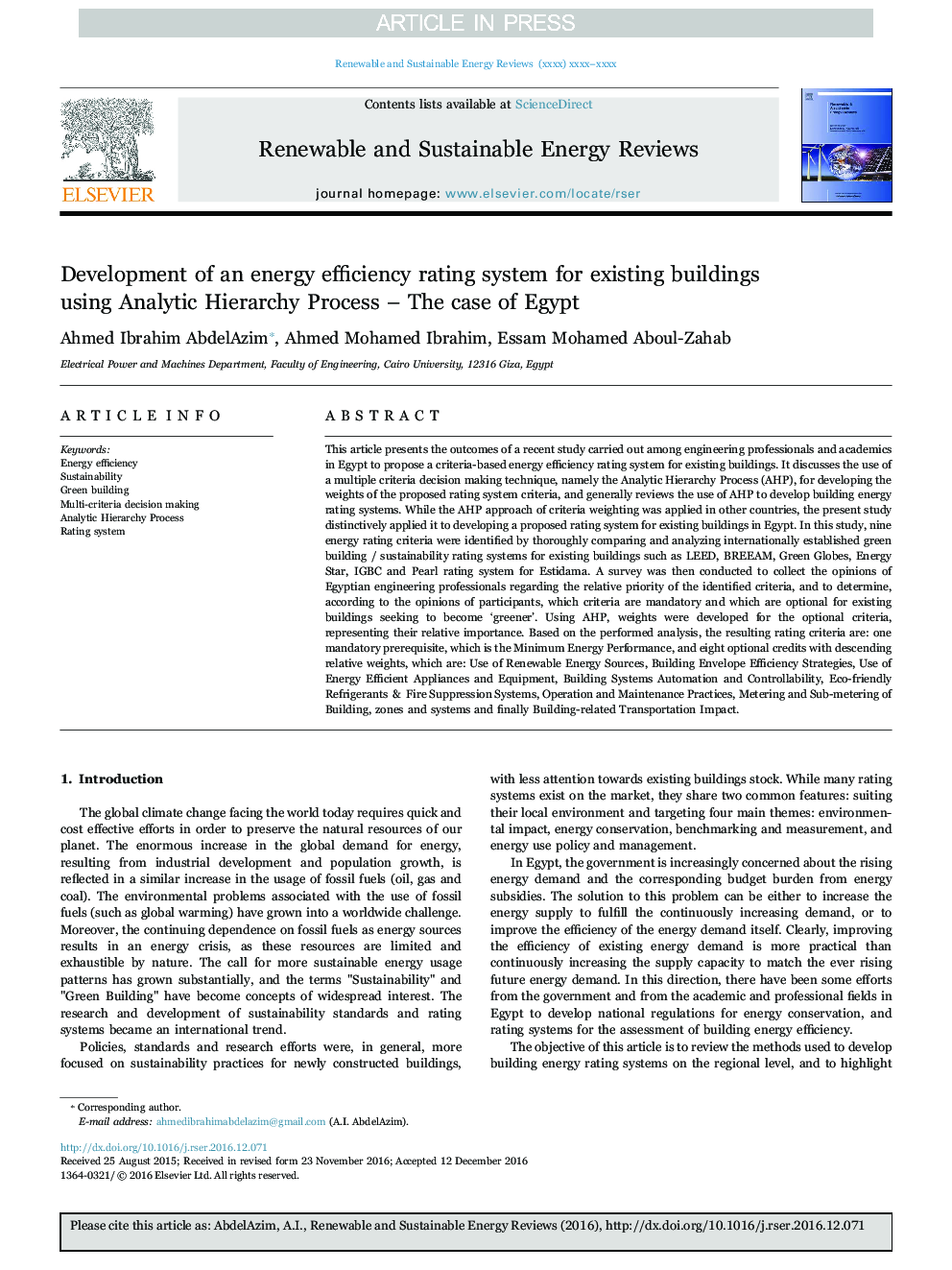 Development of an energy efficiency rating system for existing buildings using Analytic Hierarchy Process - The case of Egypt