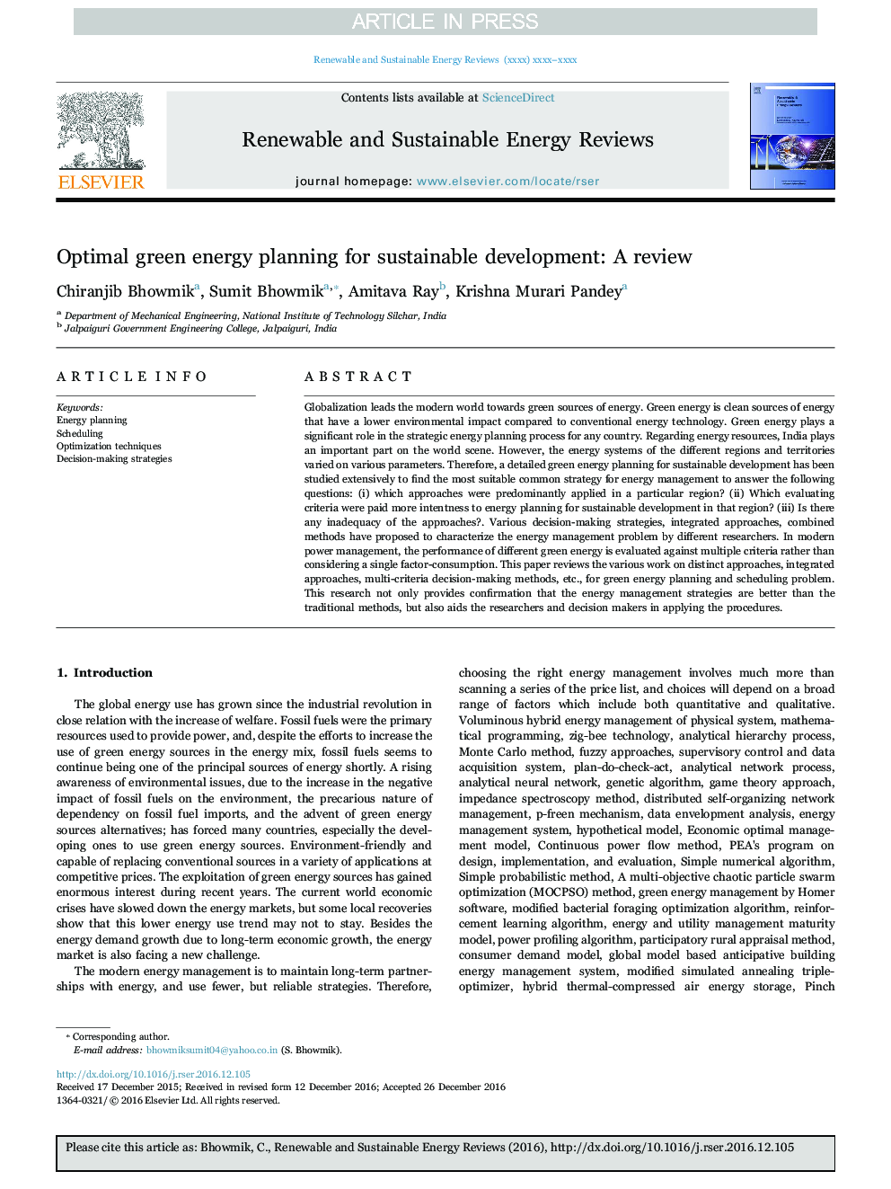 Optimal green energy planning for sustainable development: A review