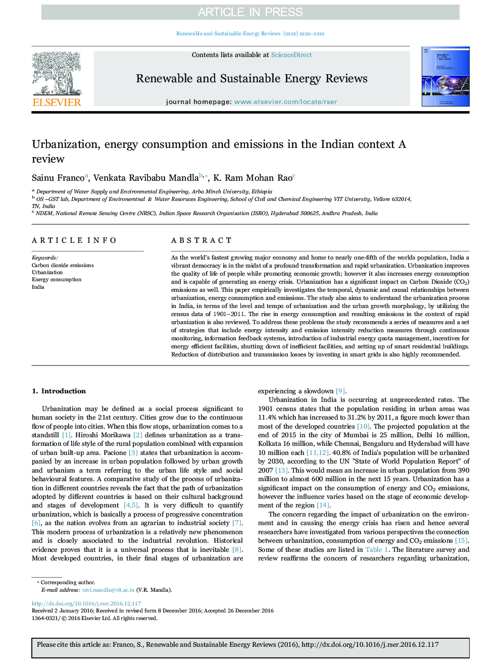 Urbanization, energy consumption and emissions in the Indian context A review