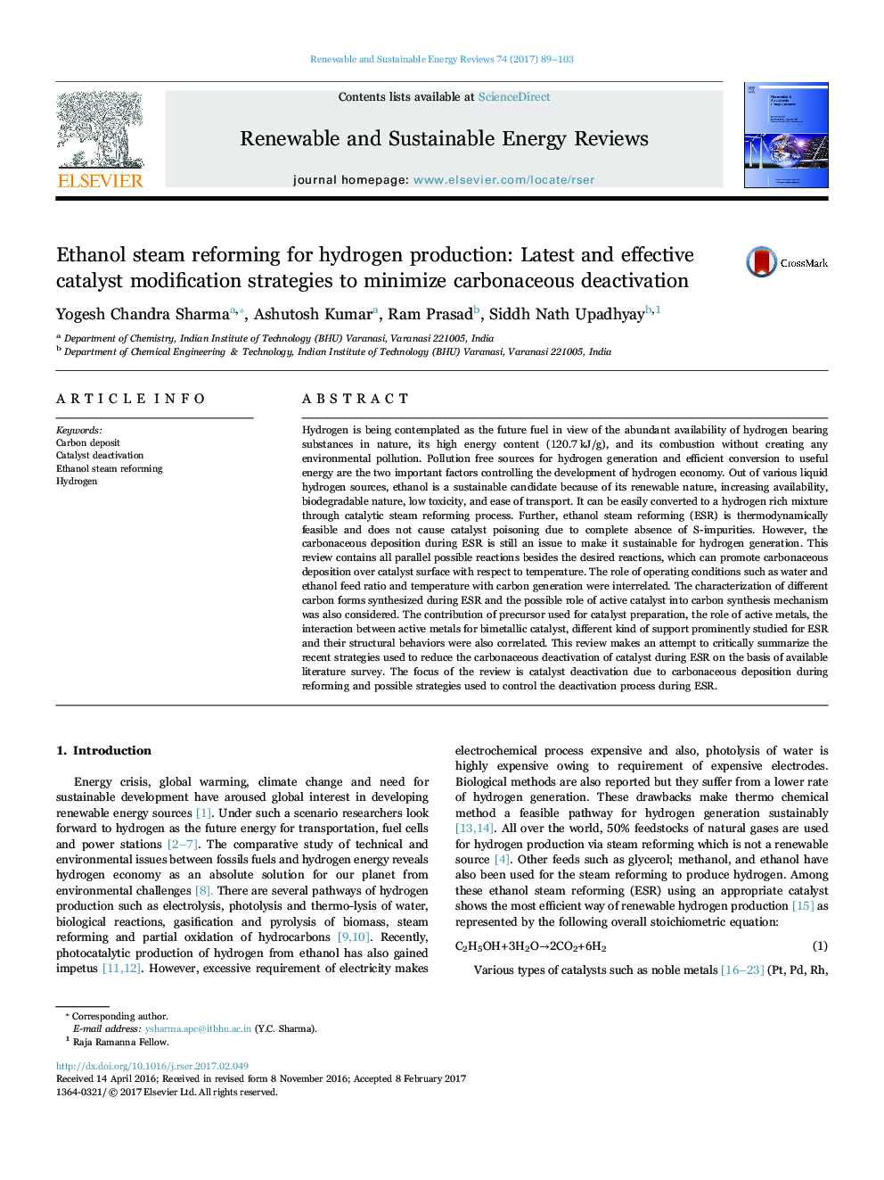 Ethanol steam reforming for hydrogen production: Latest and effective catalyst modification strategies to minimize carbonaceous deactivation