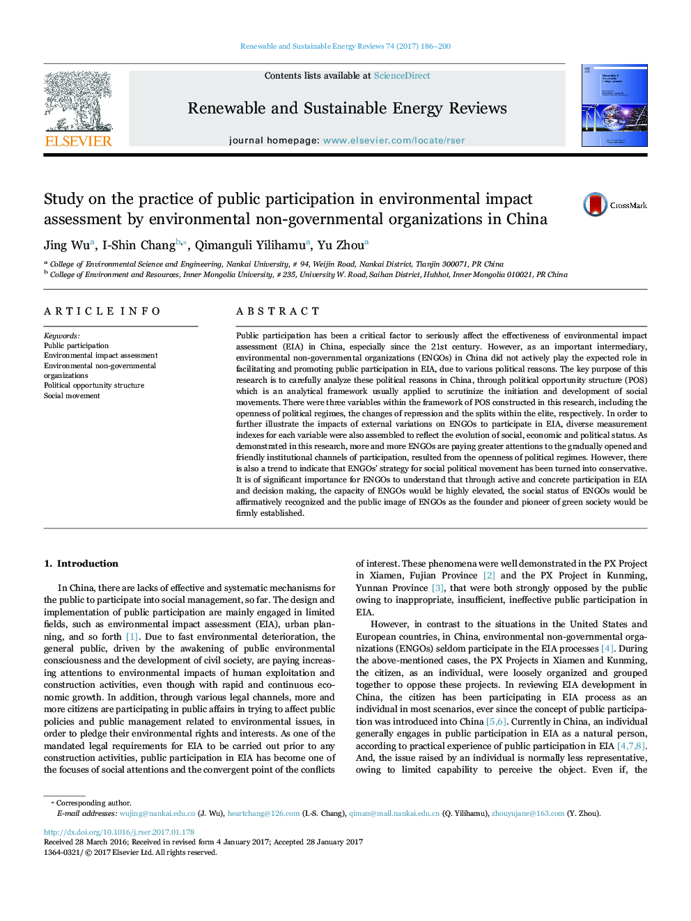 Study on the practice of public participation in environmental impact assessment by environmental non-governmental organizations in China