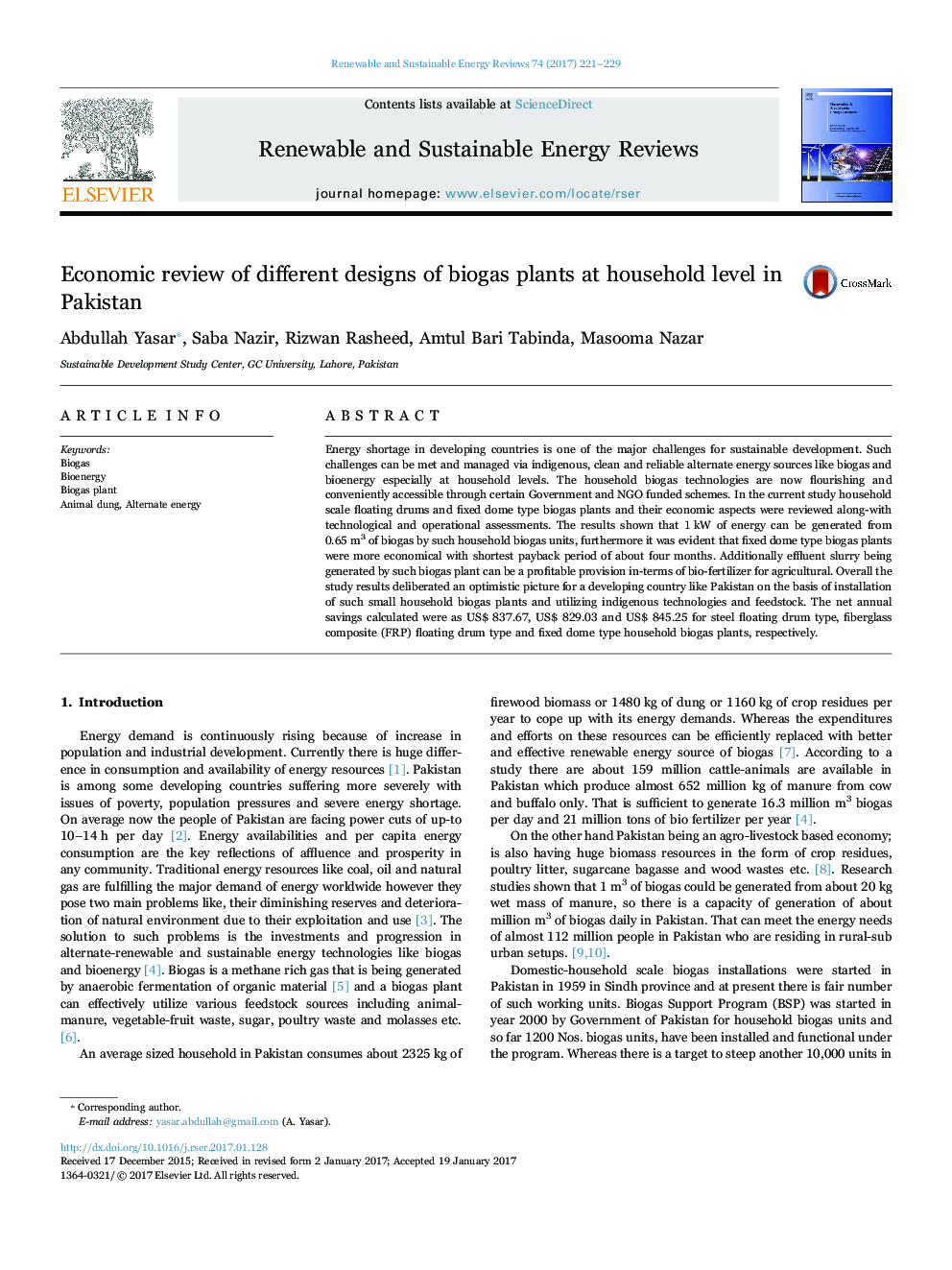 Economic review of different designs of biogas plants at household level in Pakistan