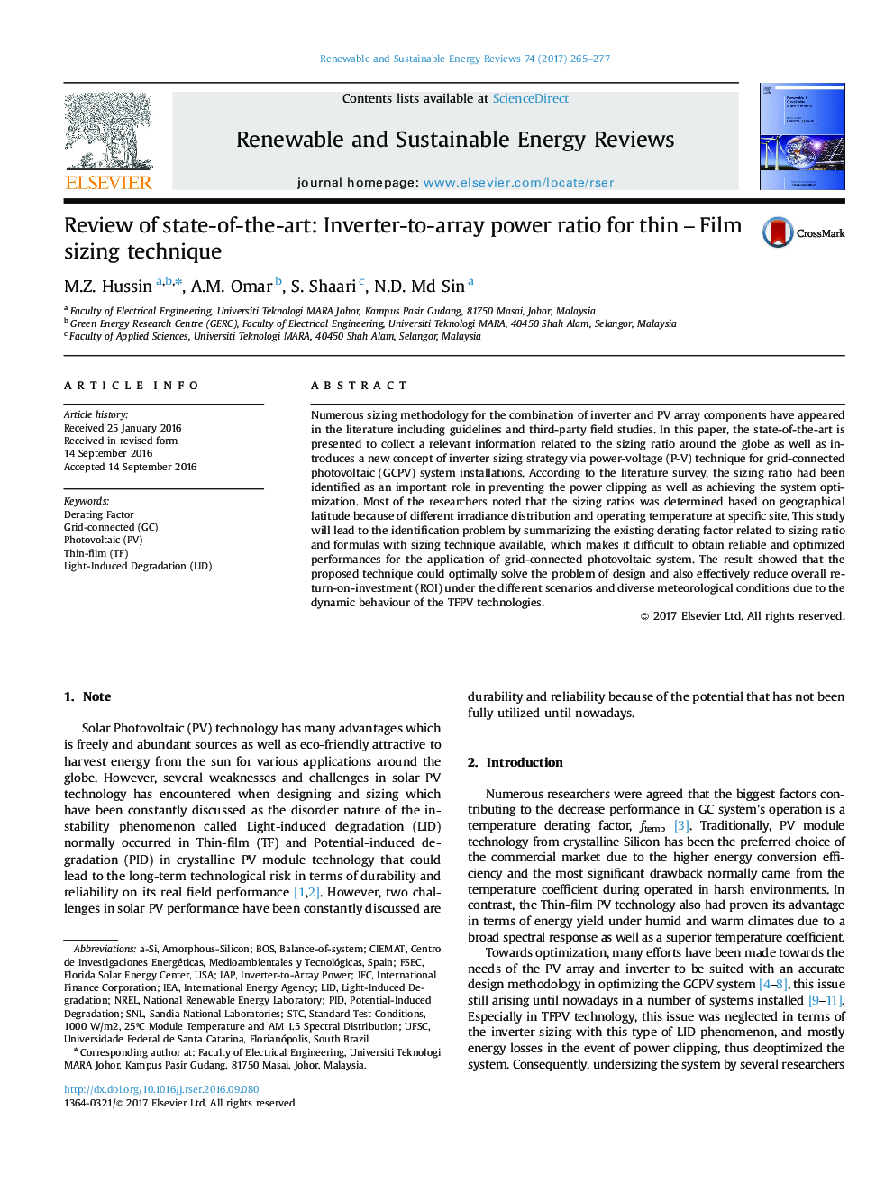 Review of state-of-the-art: Inverter-to-array power ratio for thin - Film sizing technique