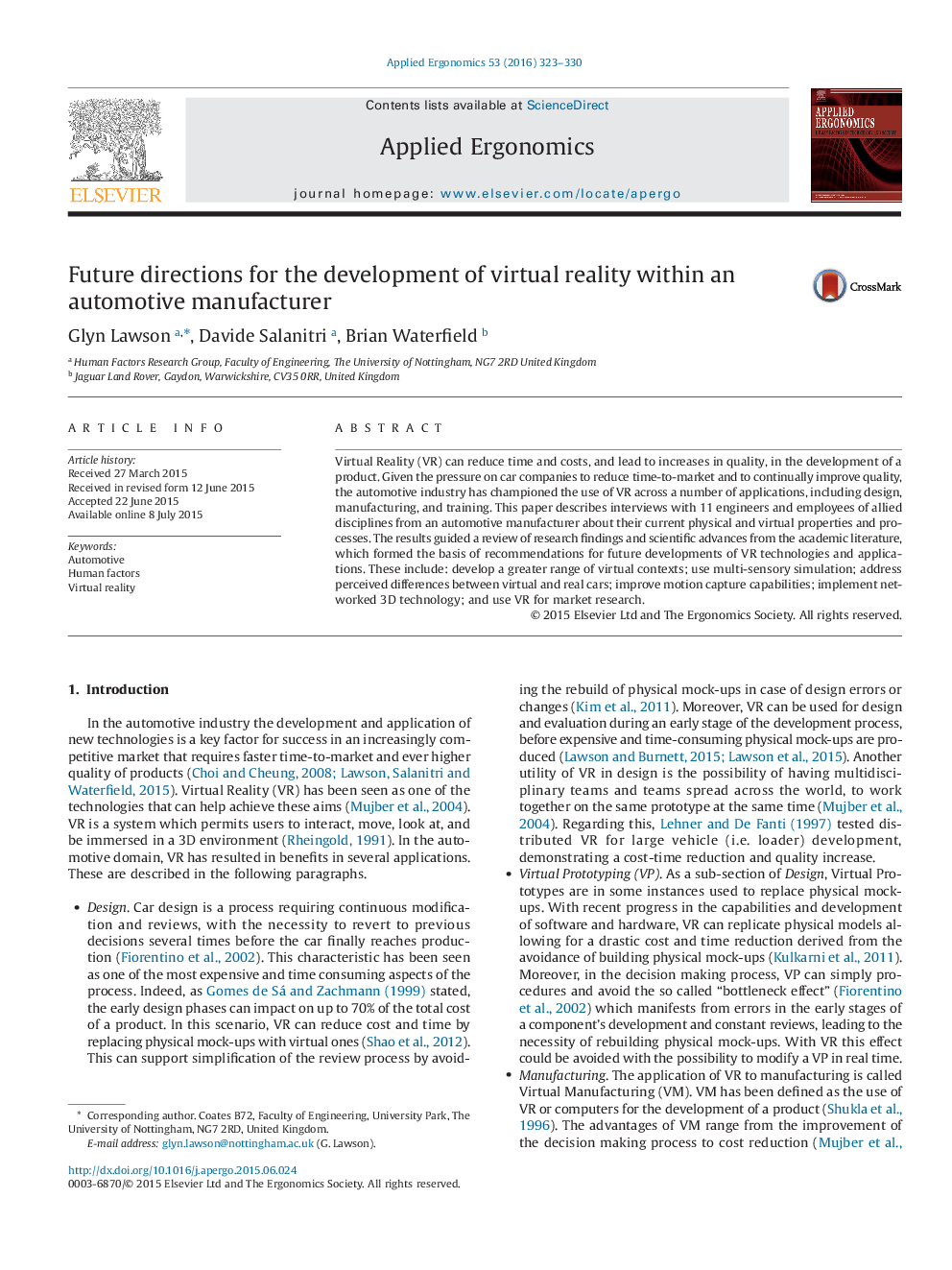 Future directions for the development of virtual reality within an automotive manufacturer