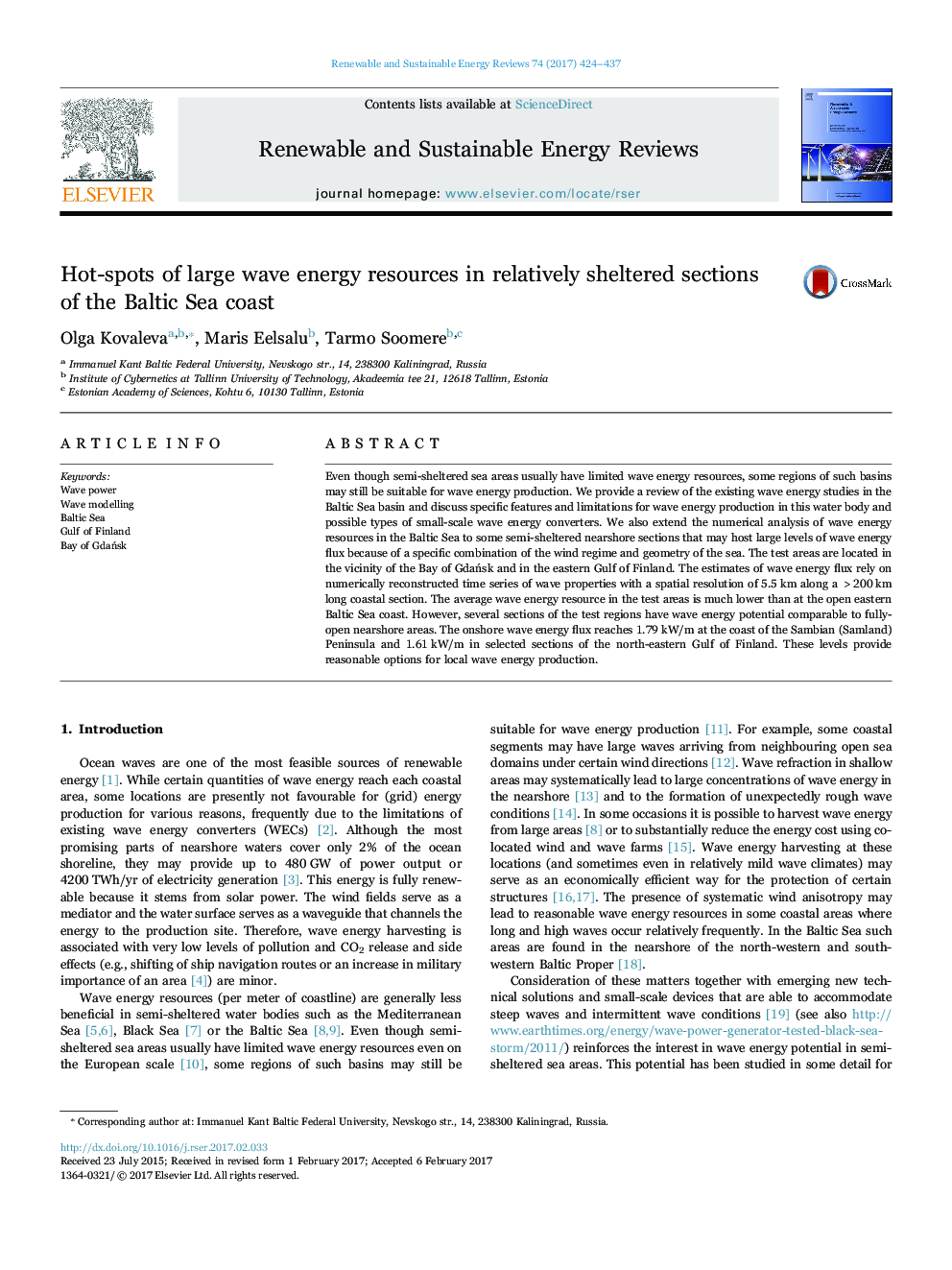 Hot-spots of large wave energy resources in relatively sheltered sections of the Baltic Sea coast