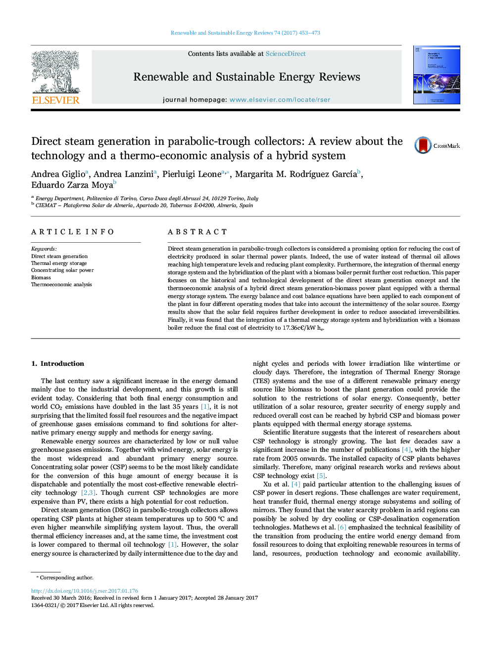 Direct steam generation in parabolic-trough collectors: A review about the technology and a thermo-economic analysis of a hybrid system