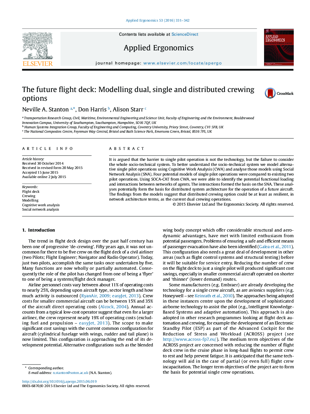 The future flight deck: Modelling dual, single and distributed crewing options