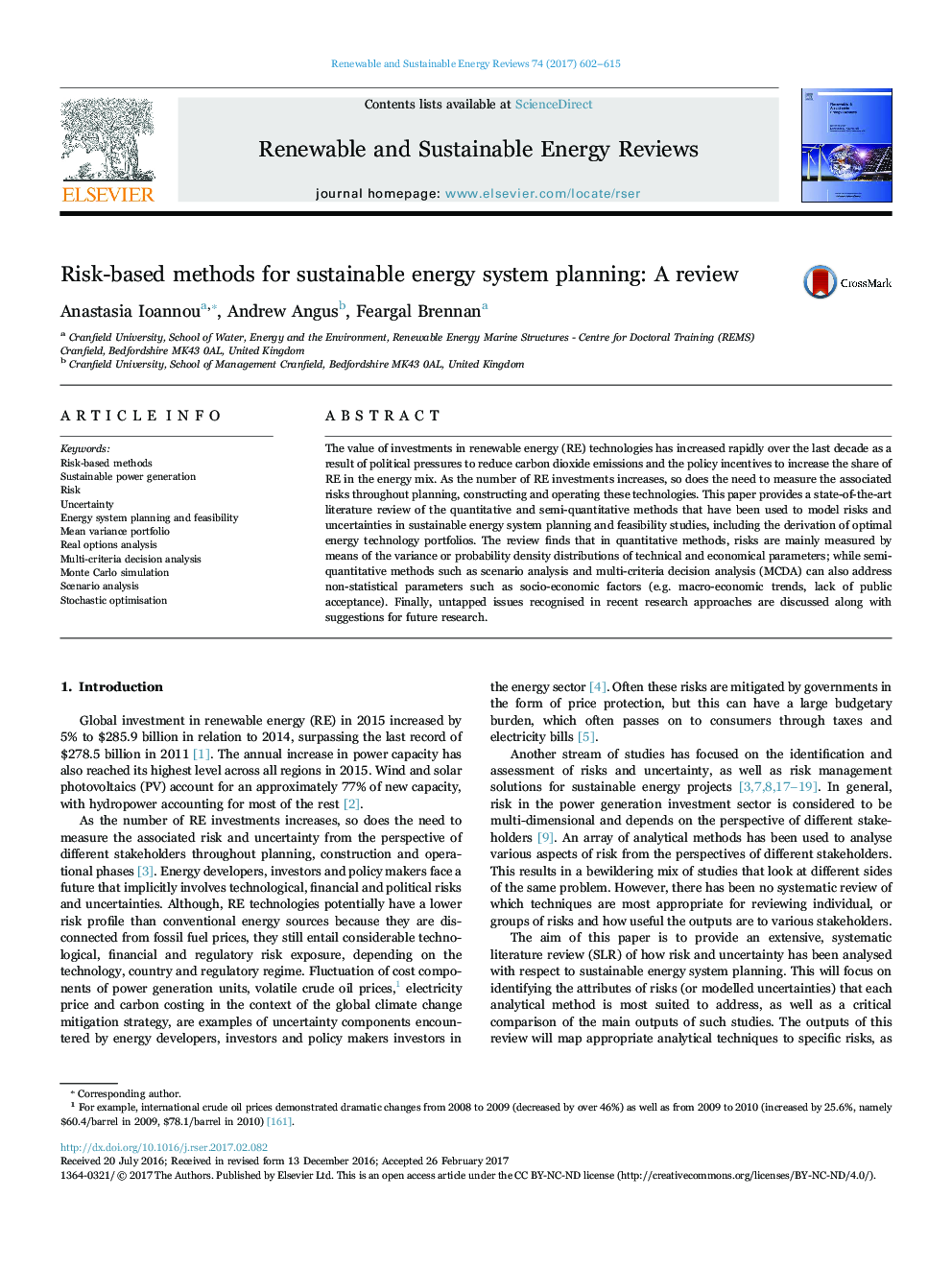 Risk-based methods for sustainable energy system planning: A review