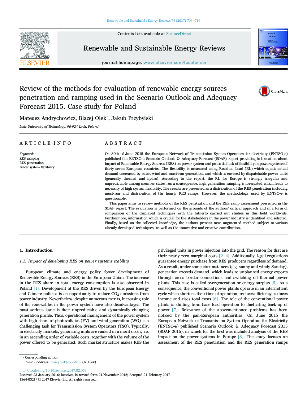 Review of the methods for evaluation of renewable energy sources penetration and ramping used in the Scenario Outlook and Adequacy Forecast 2015. Case study for Poland