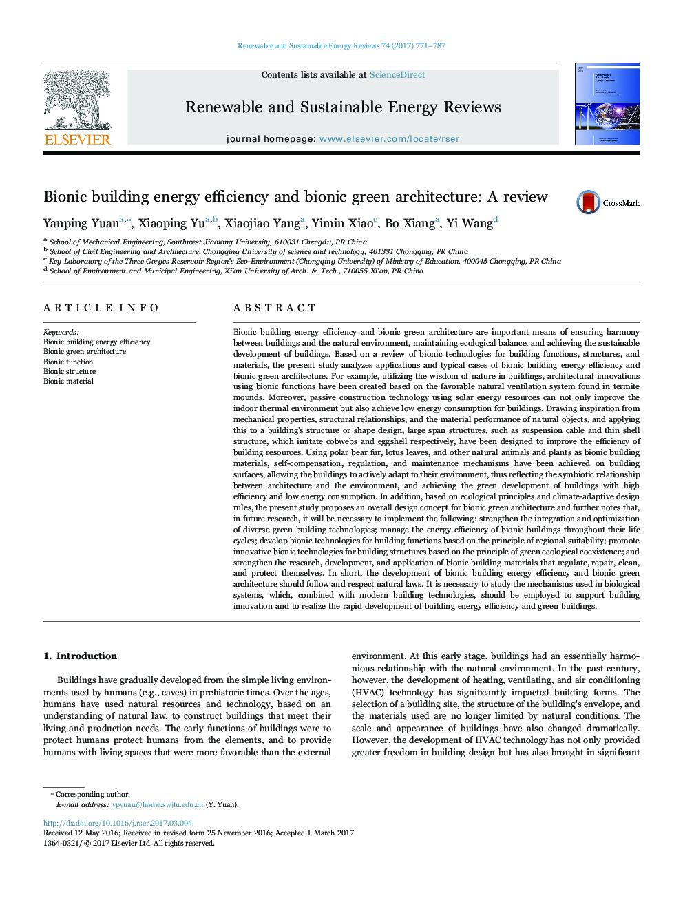 Bionic building energy efficiency and bionic green architecture: A review