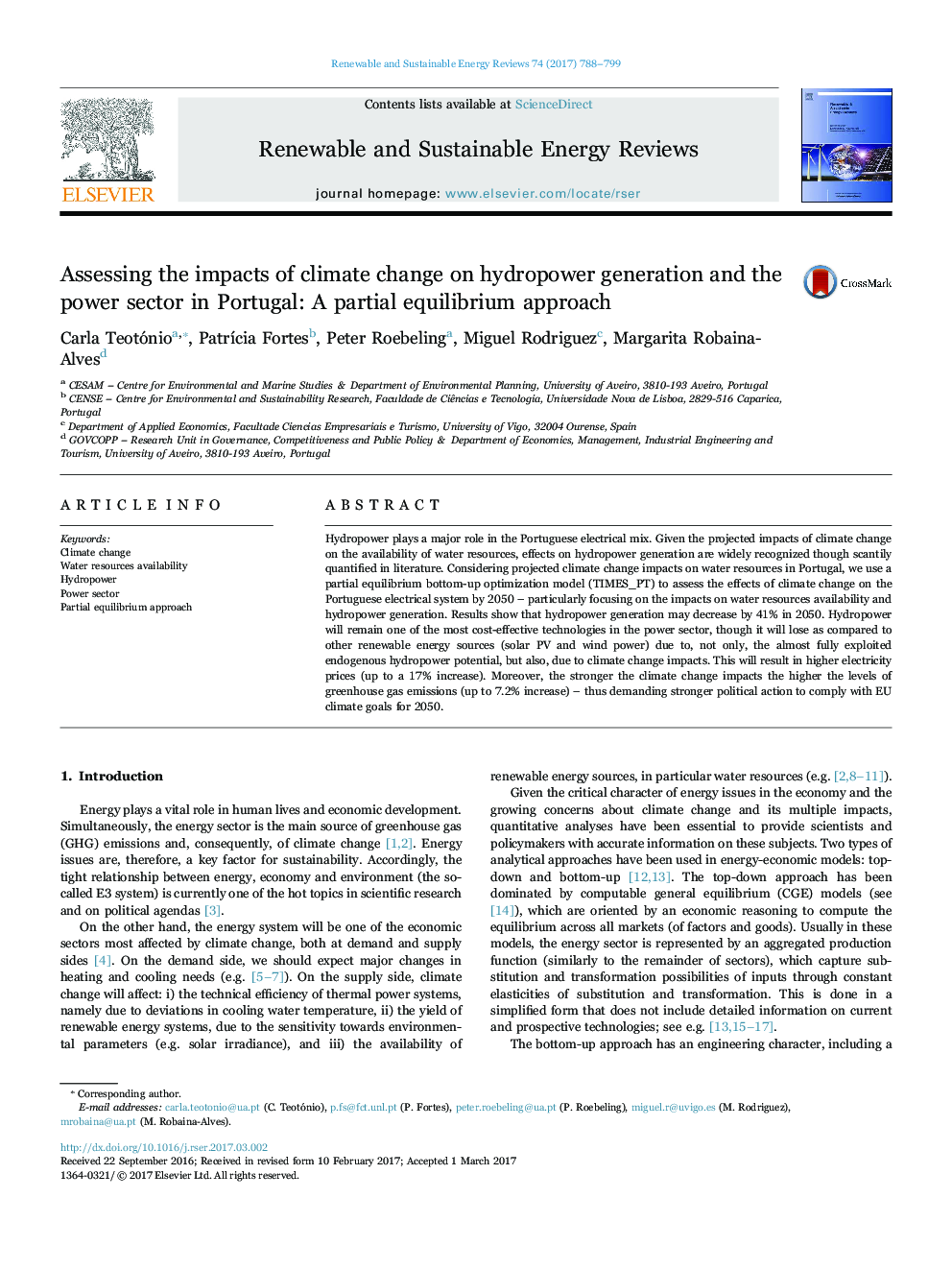 Assessing the impacts of climate change on hydropower generation and the power sector in Portugal: A partial equilibrium approach