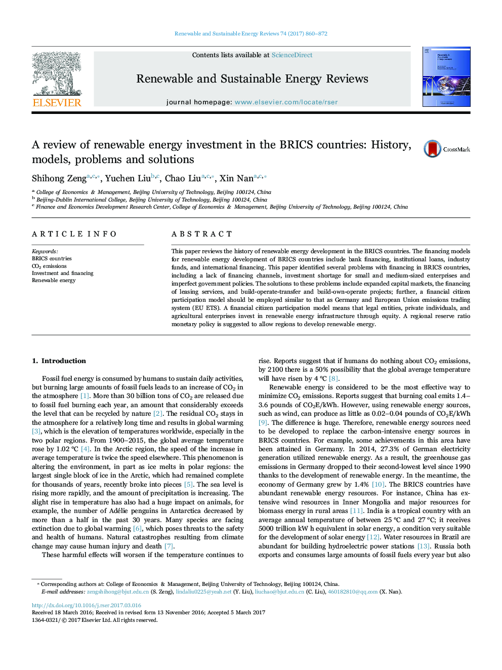 A review of renewable energy investment in the BRICS countries: History, models, problems and solutions