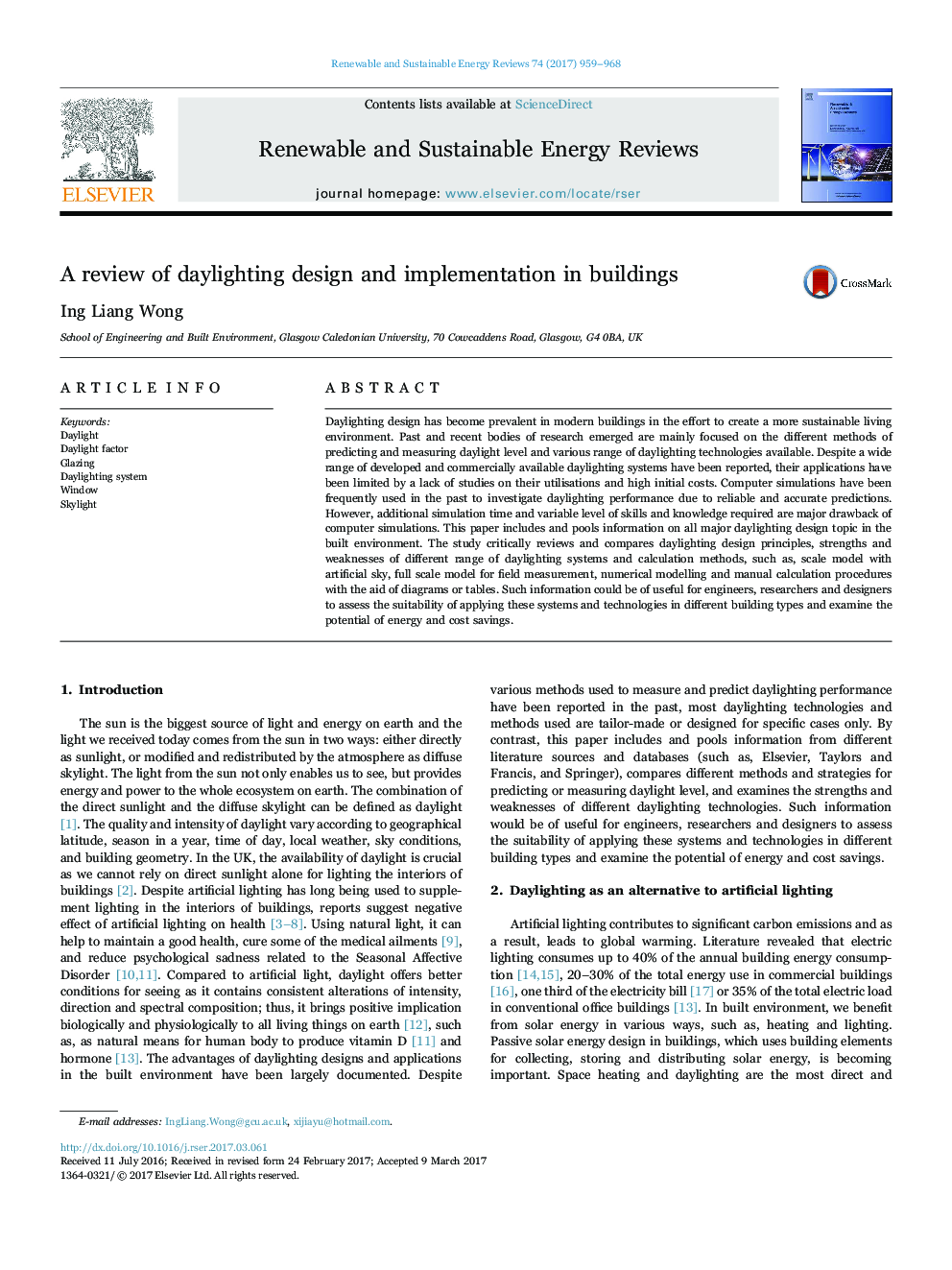 A review of daylighting design and implementation in buildings