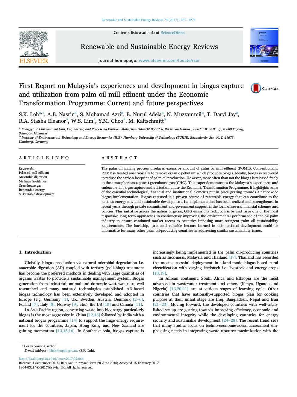 First Report on Malaysia's experiences and development in biogas capture and utilization from palm oil mill effluent under the Economic Transformation Programme: Current and future perspectives