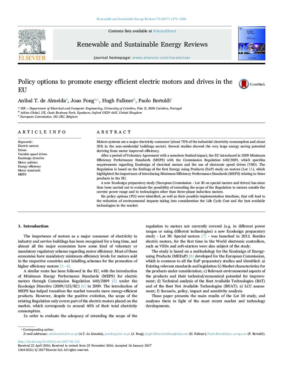 Policy options to promote energy efficient electric motors and drives in the EU