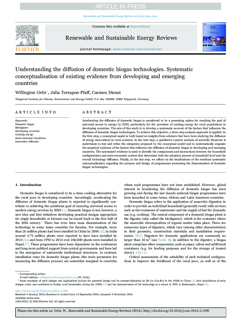 Understanding the diffusion of domestic biogas technologies. Systematic conceptualisation of existing evidence from developing and emerging countries