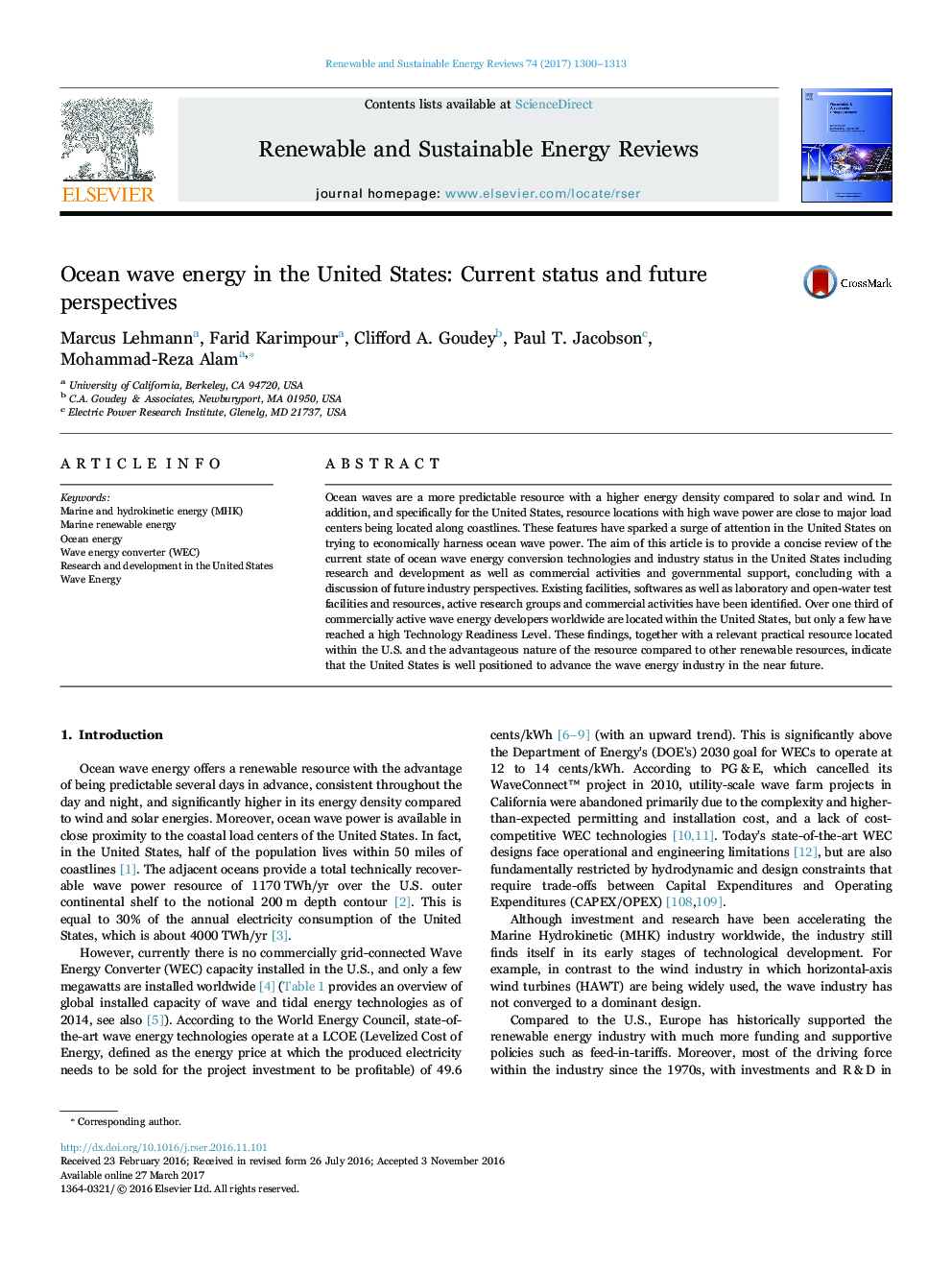 Ocean wave energy in the United States: Current status and future perspectives