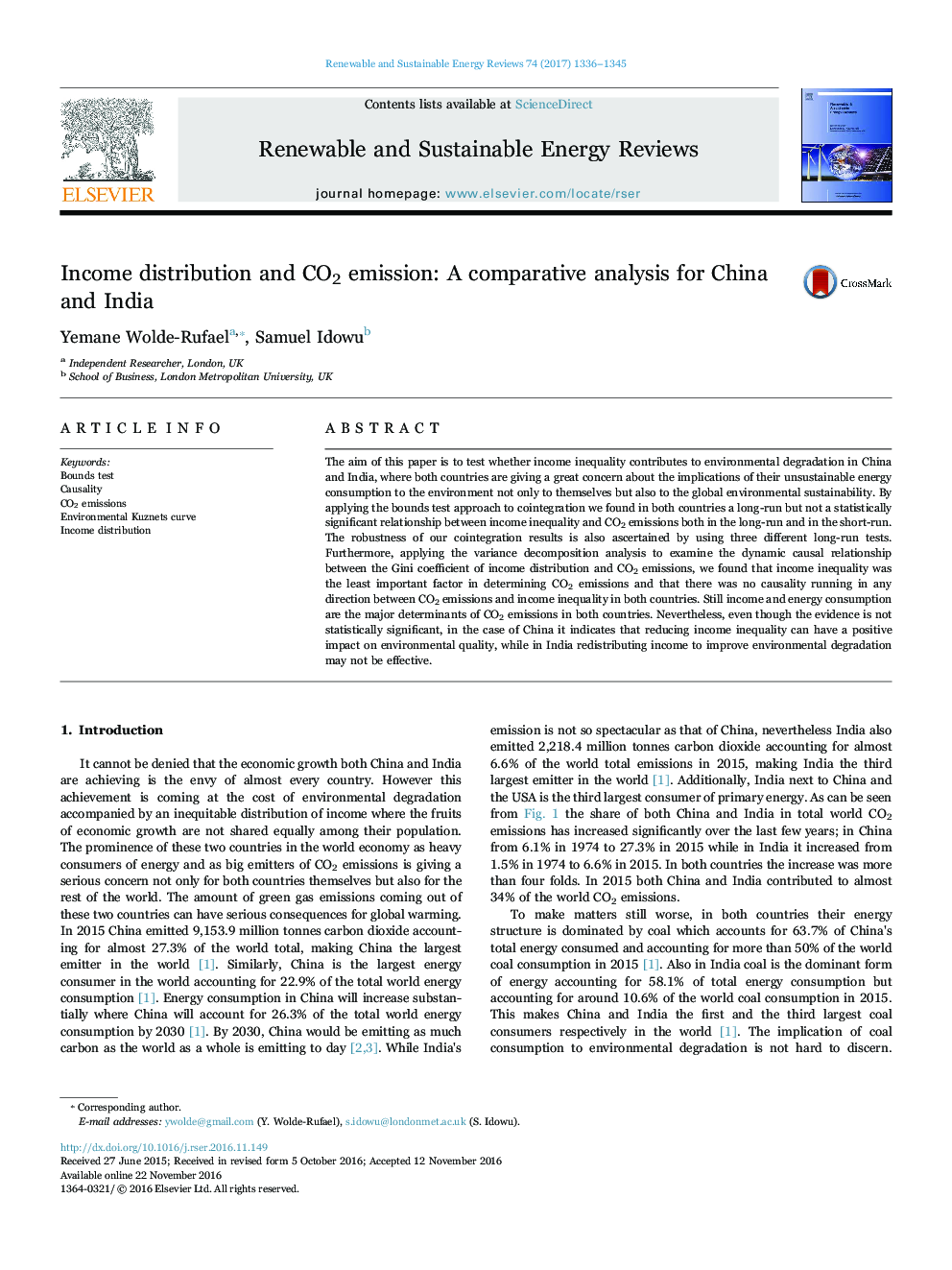 Income distribution and CO2 emission: A comparative analysis for China and India