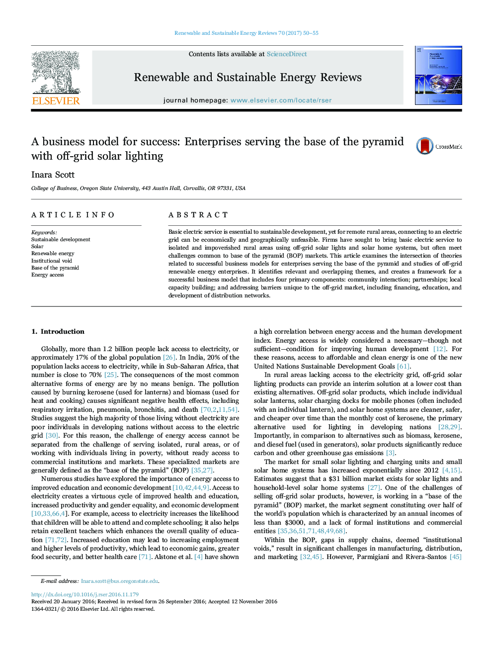 A business model for success: Enterprises serving the base of the pyramid with off-grid solar lighting