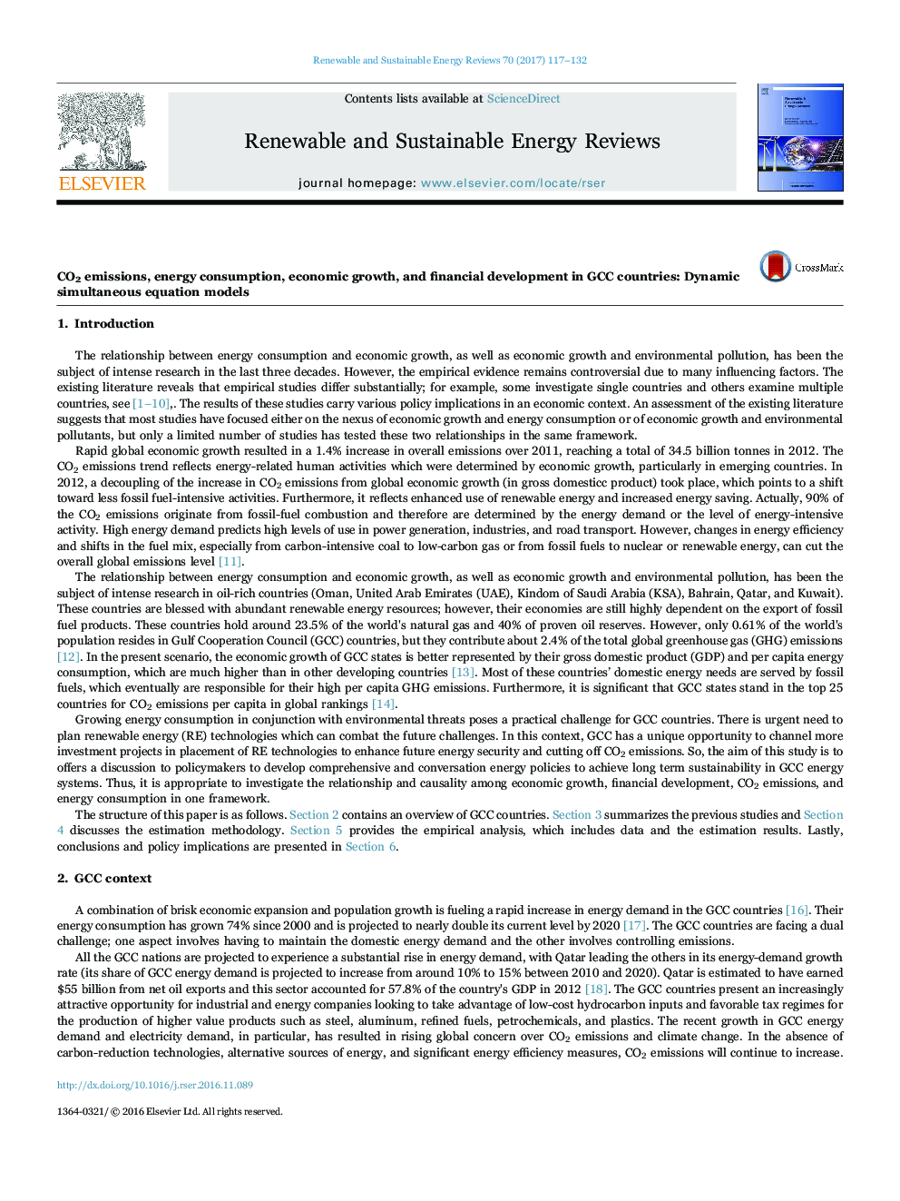 CO2 emissions, energy consumption, economic growth, and financial development in GCC countries: Dynamic simultaneous equation models