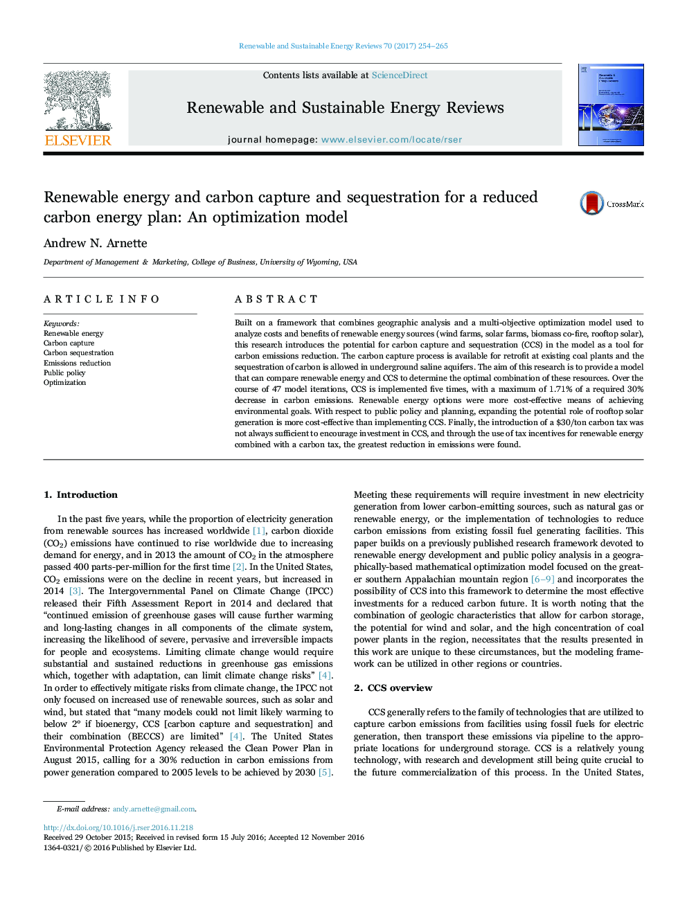 Renewable energy and carbon capture and sequestration for a reduced carbon energy plan: An optimization model